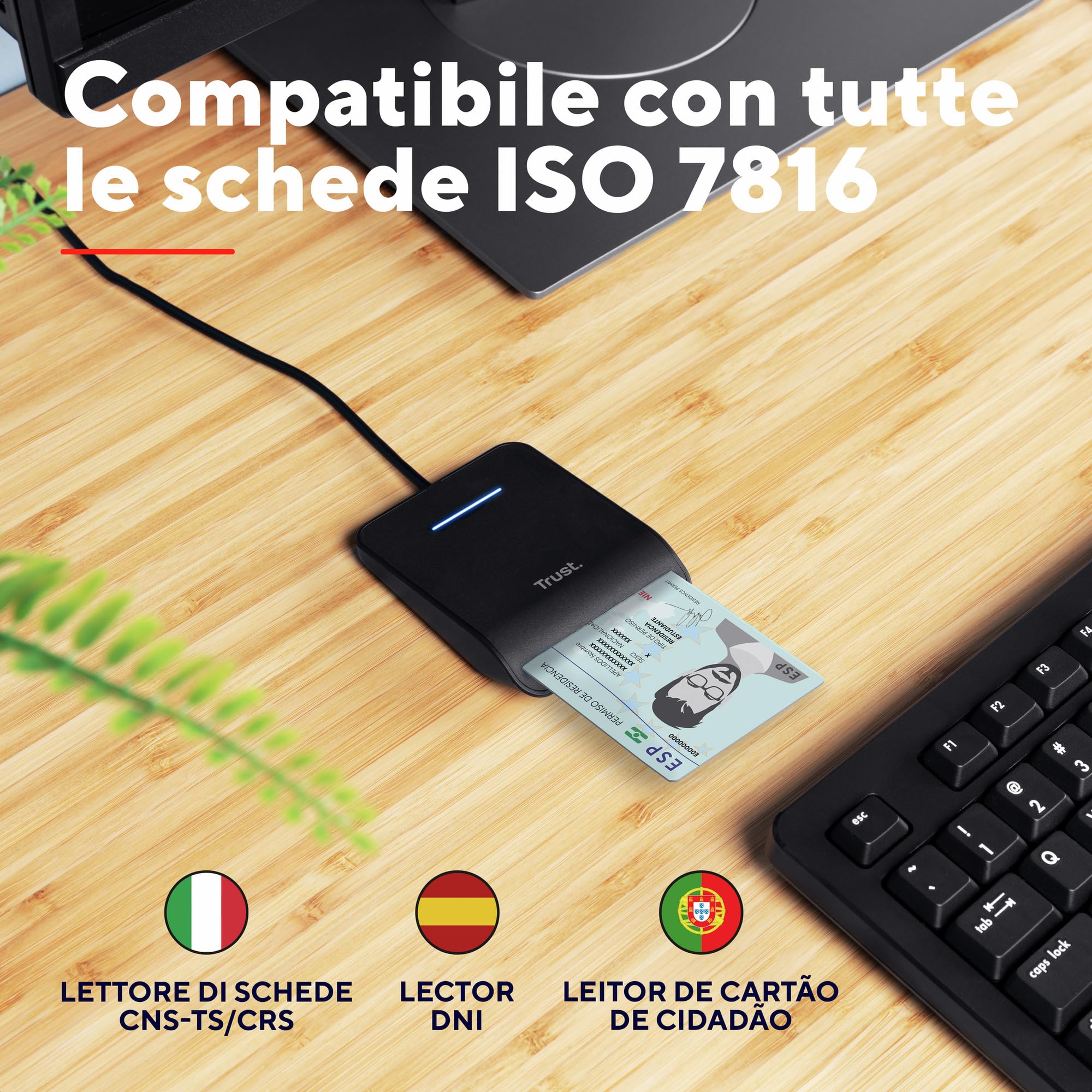 Trust Primo Lettore di Smart Card, DNI, Conforme con FIPS 201, FIPS TAA e ISO 7816 Classe A, B, C, Cavo di 100 cm, USB Plug & Play, Nero