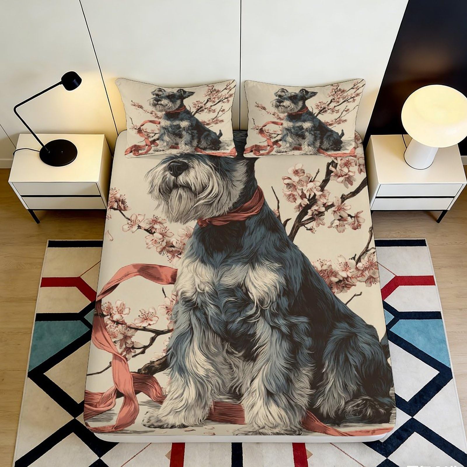 3D Printed Schnauzer Dog Fitted Sheet Microfiber Soft Floral Art Bed Cover for Bedroom Dorm Mattress Decor, Easy Care 90x200x25cm