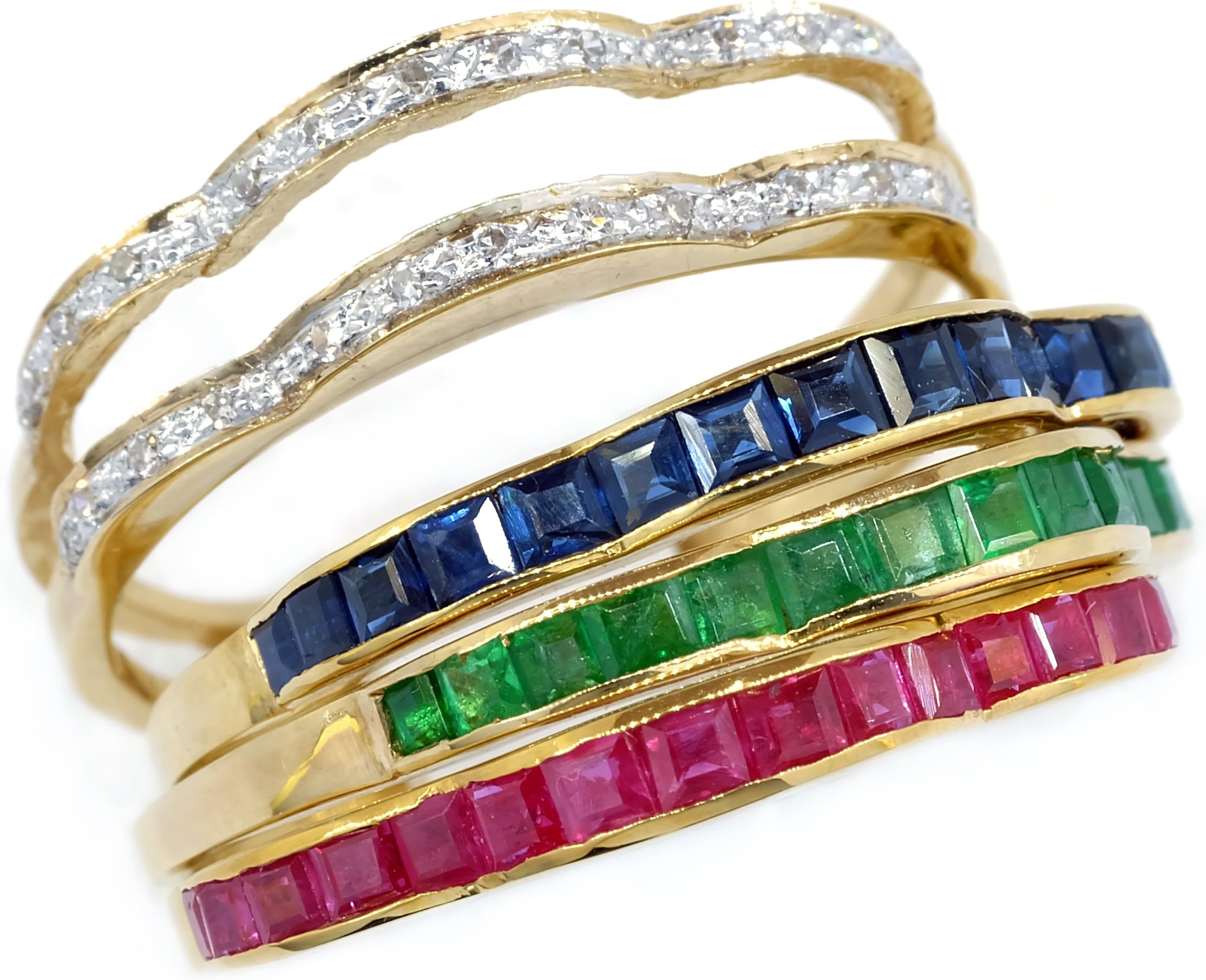 18K Yellow Gold Emerald Sapphire Ruby and Diamond Stackable Ring [RT0004]