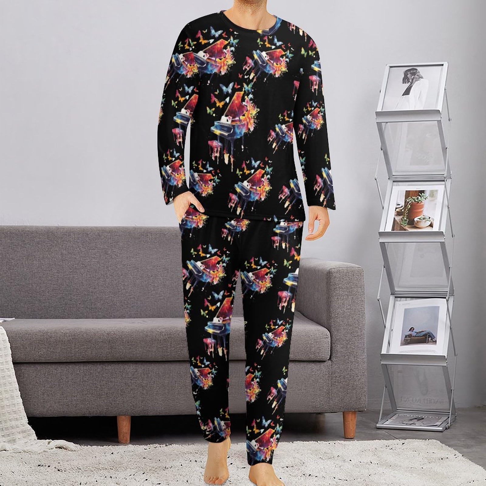 Conjunto de pijama de piano con mariposas voladoras para hombre, cuello redondo, 2 piezas, manga larga, suave parte superior e inferior transpirable para todas las estaciones