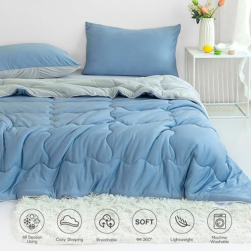 Miniatura 5 de COTTEBED Juego de edredón reversible azul y gris claro, tamaño Queen, camiseta de punto de jersey ultra suave, ligera, transpirable, acogedora manta