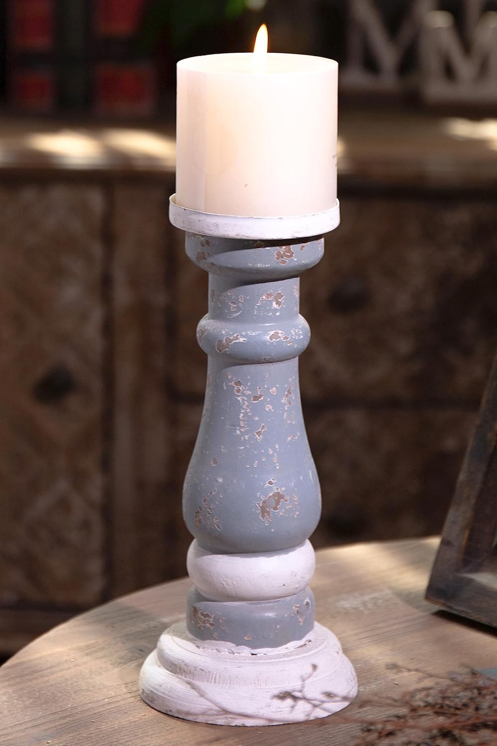 SOFE Blue and White Pillar Candle Holders, 9 Inch Tall Wood