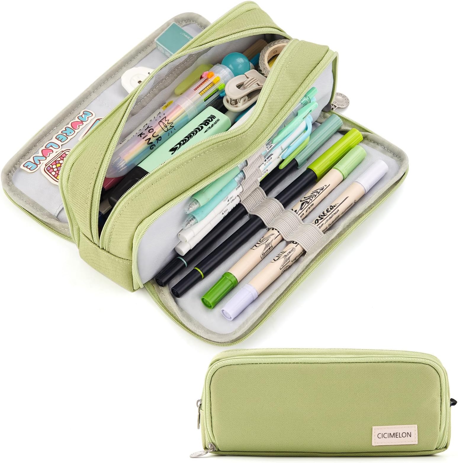 CICIMELON Large Capacity Pencil Case 3 Compartment Pouch Pen Bag for School Teen Girl Boy Men Women (Green)