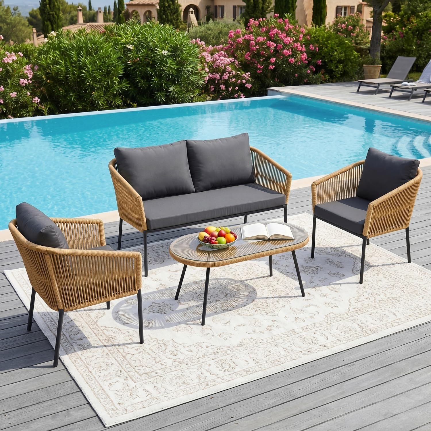 DEVOKO Outdoor 4-Seater Handwoven Rope Sofa Set with Oval Shape Glass Top Table, Water-Resistant Cushion & Strong Metal Frame for Garden, Patio, Balcony (Beige & Dark Grey)-image-24
