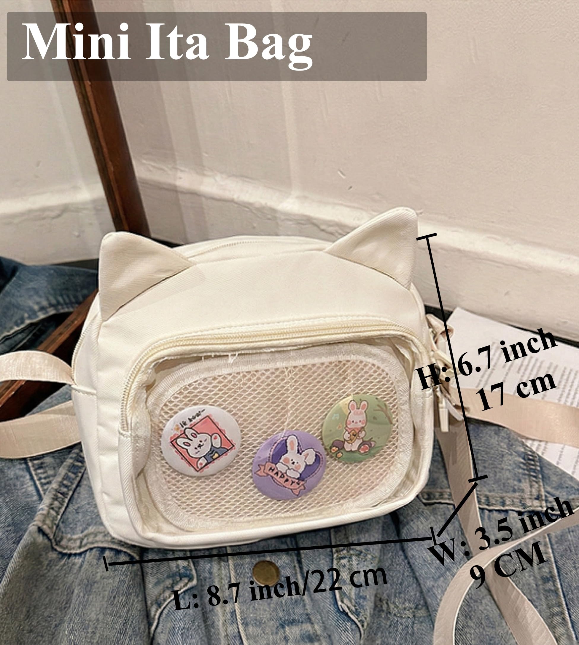 Kleine Ita Messenger Tasche für Damen, Kawaii Crossbody Tasche mit transparentem Pins Display-Fenster, Nylon Schultertasche mit mehreren Fächern