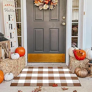Ckorzen Coffee and White Plaid Rug,28" x 43" Outdoor Front Porch Door Decor Mat, Washable Cotton Woven Farmhouse Area Rug for Layered Door Mats Carpet, Entryway, Easter Décor