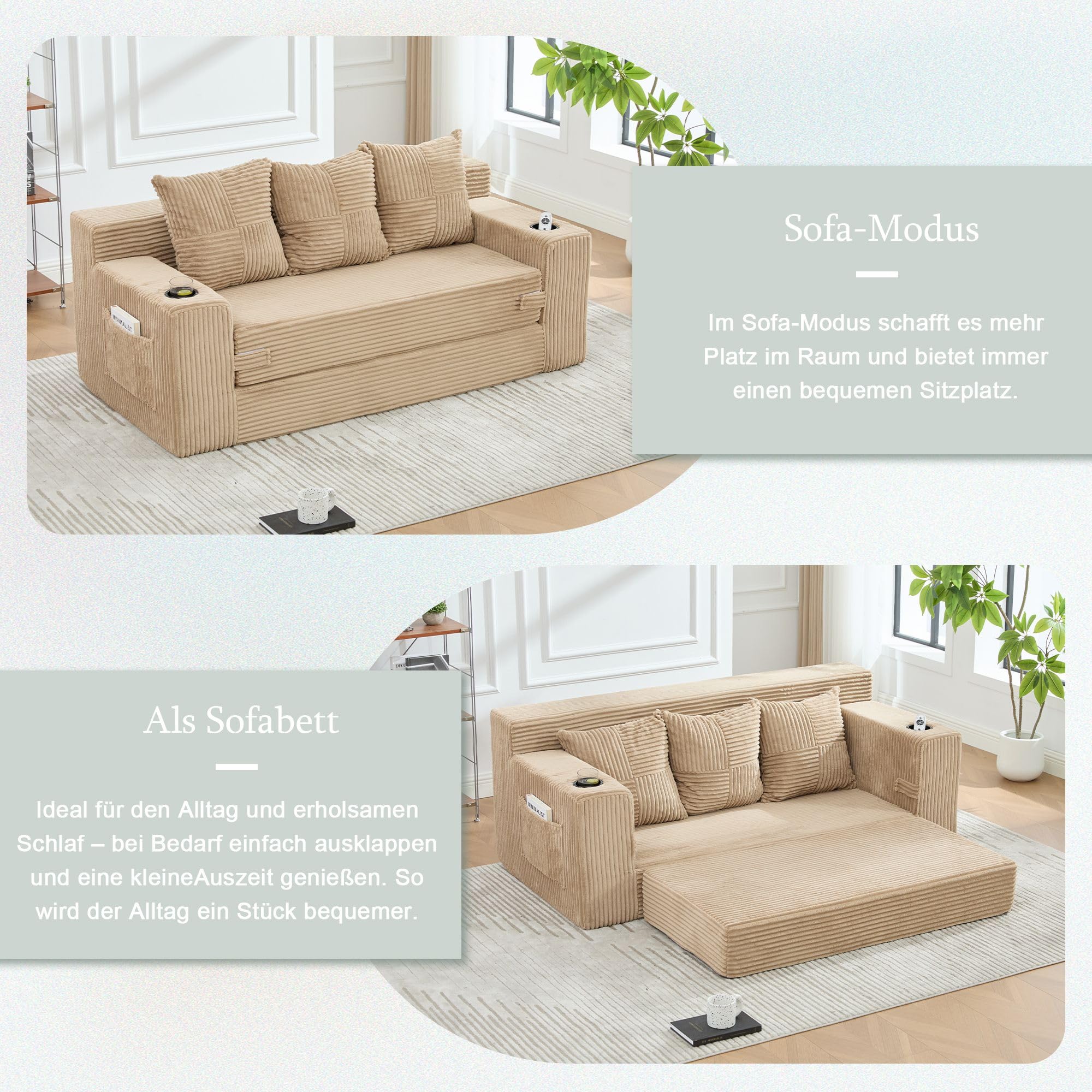Wygodna 3-osobowa sofa sztruksowa khaki, sofa podłogowa z uchwytami na