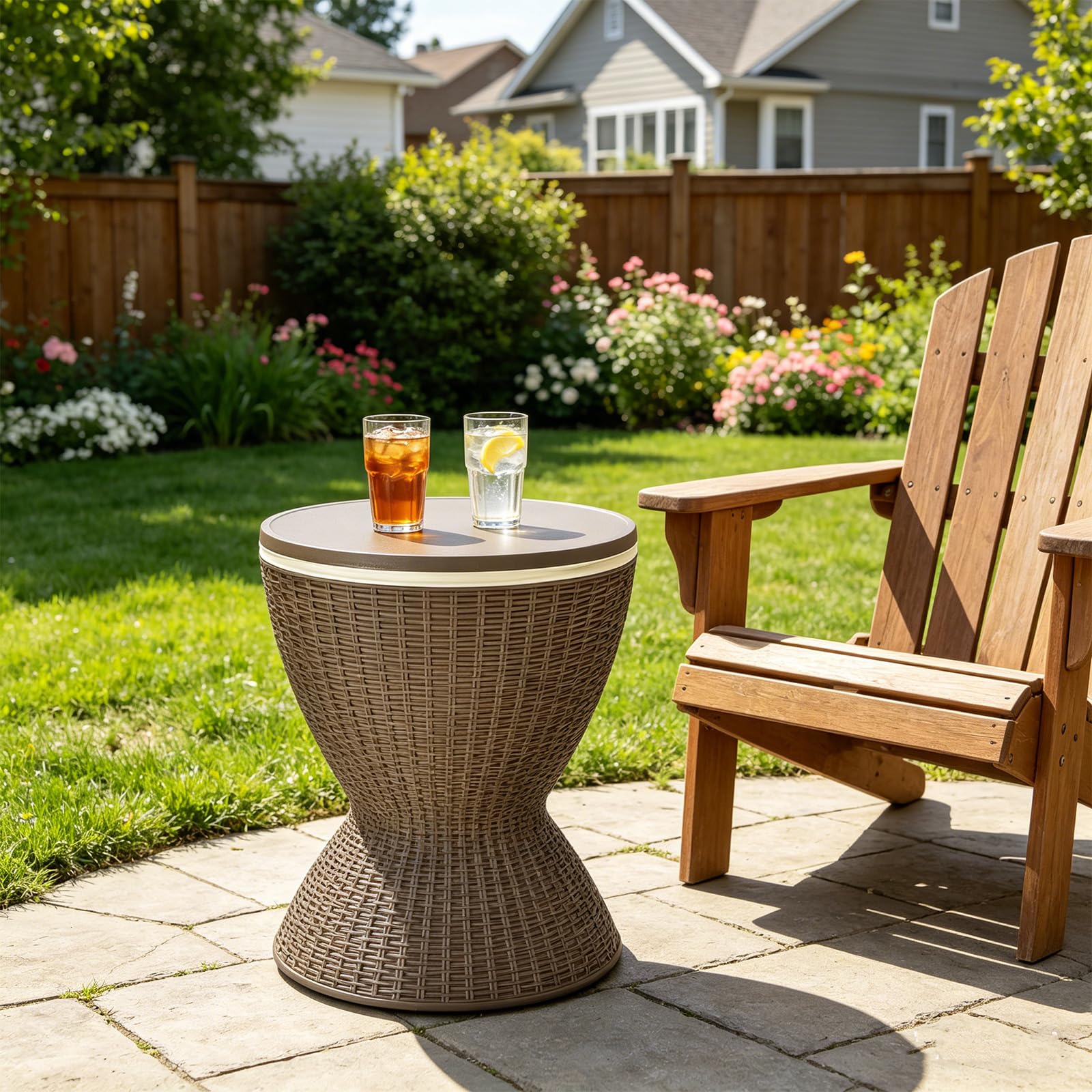 GYMAX Cool Bar 30L, 3-in-1 Beistelltisch mit ausziehbarer Tischplatte für Getränke & Snacks, Getränkekühler in Rattan-Optik, Bier- & Weinkühler für Garten, Terrasse & Balkon (Braun)