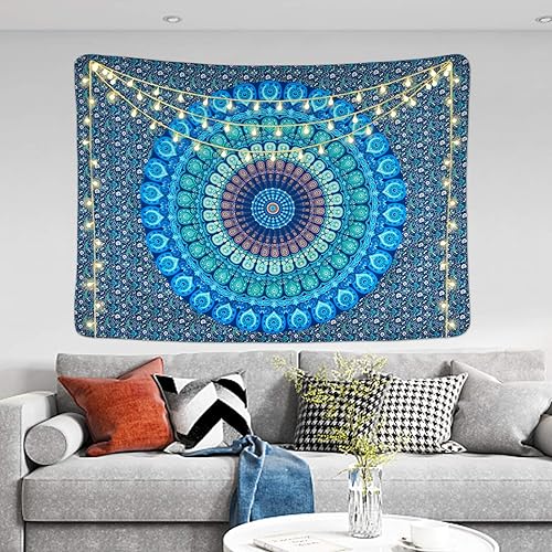 Miniatura 8 de Tapiz con diseño de mandala estilo bohemio, hippie y psicodélico, estampado de plumas de pavo real, para colgar en pared de dormitorio (36.02 x