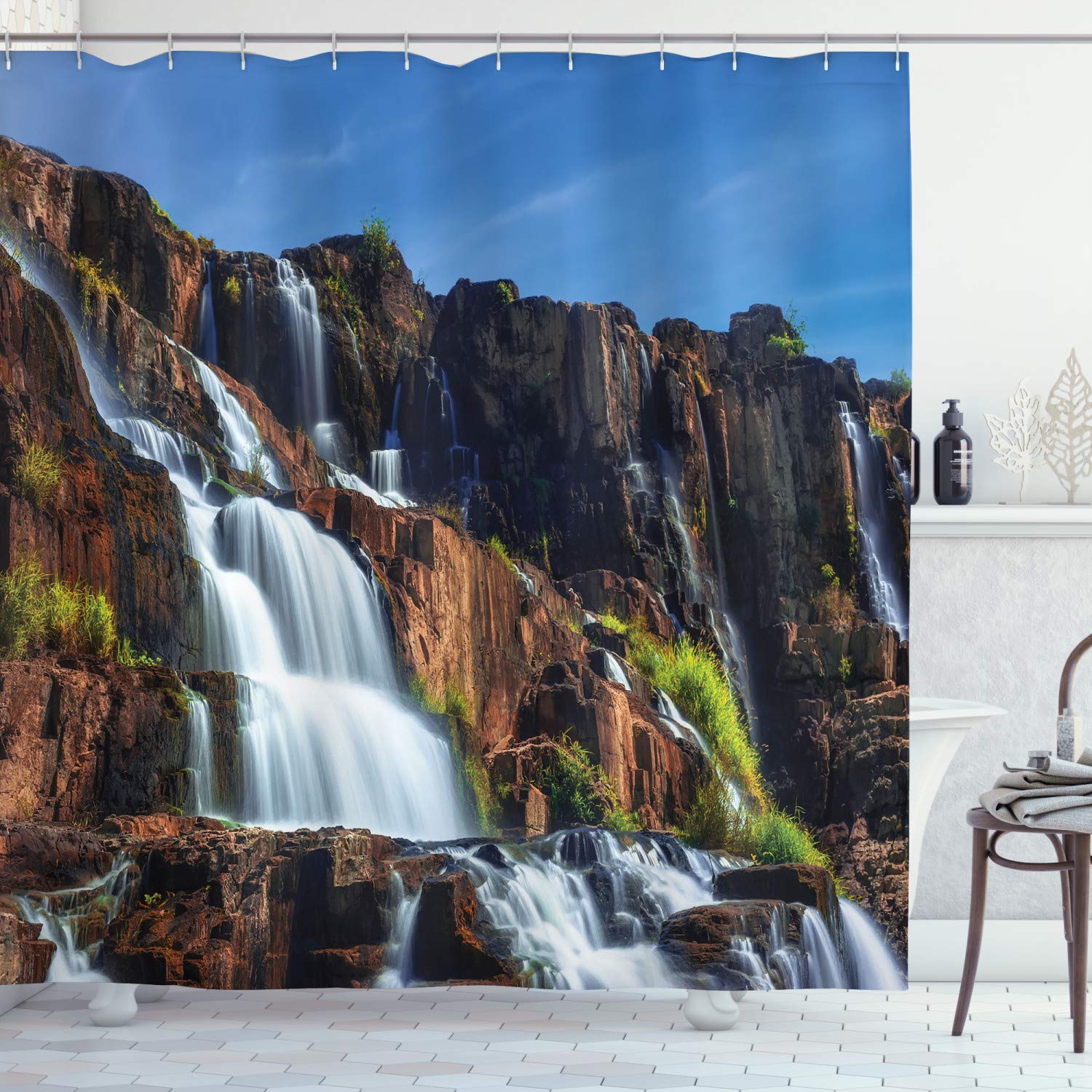 ABAKUHAUS Rainforest Shower Curtain, Pongour Waterfall Exotic Natural Beauty Landscape Mountain Rocks Print, Cloth Fabric Bathroom Decor Set with Hooks, 78 Inches, White Blue