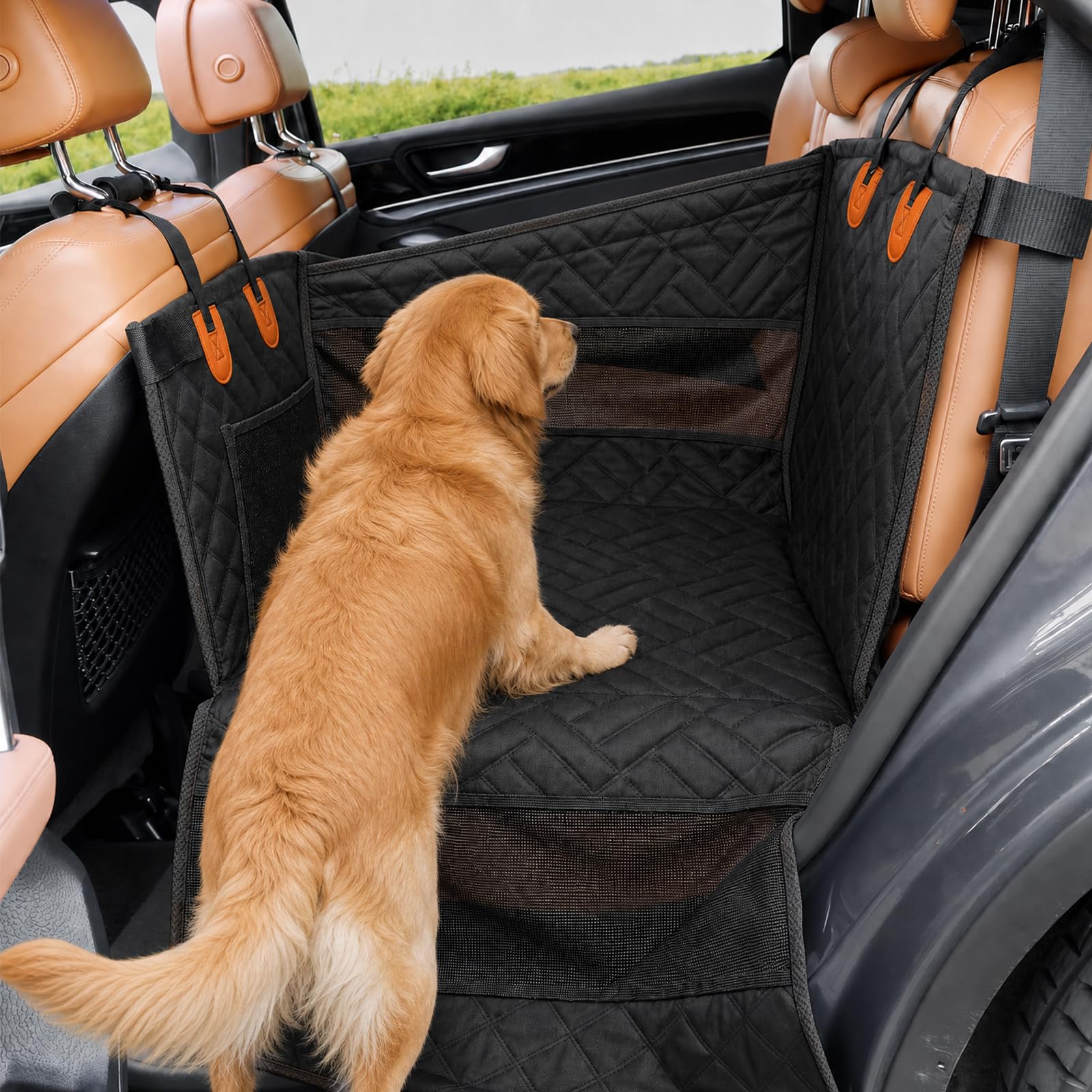 Hundesitz Auto für mittelgroße & große Hunde, wasserdichter Rücksitzverlängerer mit Hartboden, Sicherheitsleine & Mesh-Fenster, Tasche – für Auto SUV Truck, 72x56x50cm