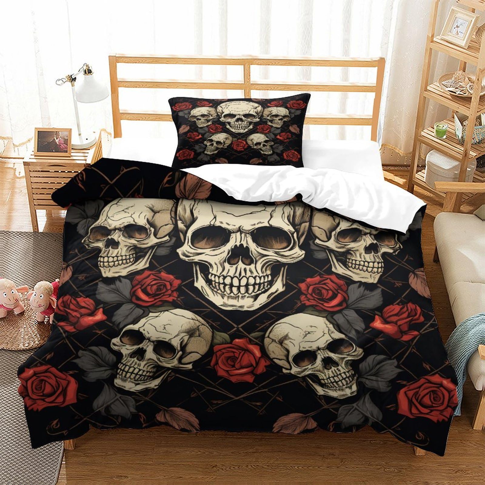 P1S9U7W5Y 3D Printed Skull Rose Duvet Cover Set 3pcs Microfiber Skull Rose Bedding Set Single