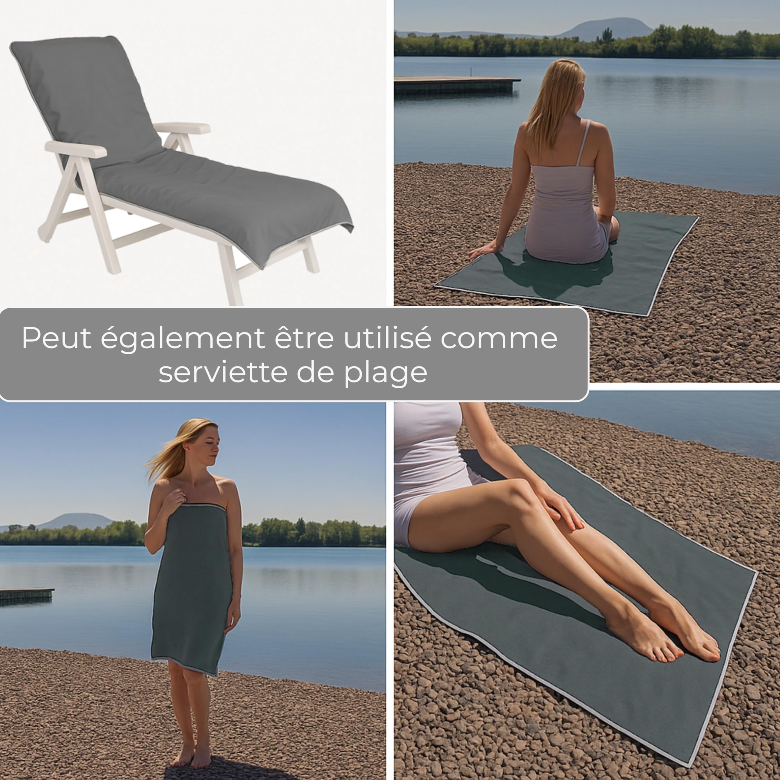 Lot de 2 serviettes pour chaise longue - 200 x 75 cm - Avec capuche - En microfibre - Poids léger - Pour chaise longue de jardin - Avec enveloppe - Housse de chaise longue de plage (beige, 2