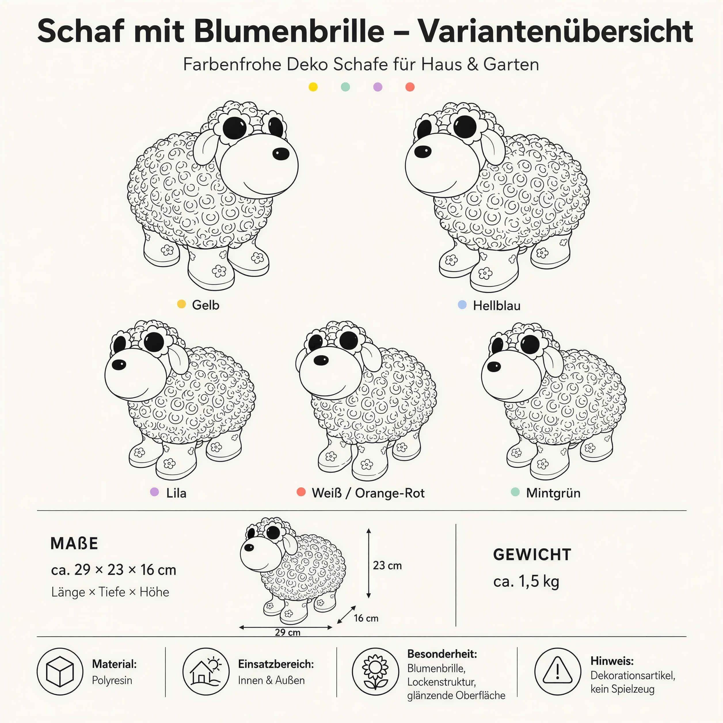 colourliving Schaf Figur mit Blumenbrille aus Polyresin lustige Gartenfigur