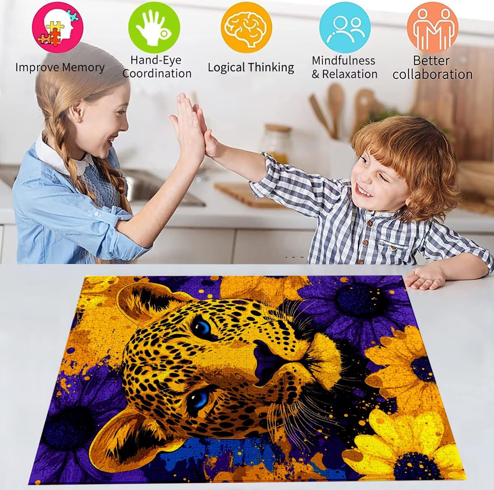 Puzzle 5000 Pezzi, 3 4 5 Anni Puzzle Fiore 6 7 8 Anni Giochi Educativi Sostenibili Con Motivi Per Adulti Da Gioco in Legno Di Alta Qualità Jigsaw Leopardo per Gioco Familiare, Regalo Natale H-5966