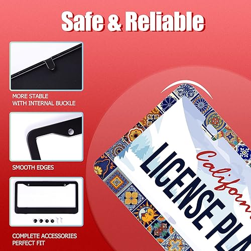 Miniatura 2 de 2 piezas Marcos de matrícula de azulejos mexicanos, marco de matrícula de mandala bohemio, accesorios universales de aluminio para decoración de