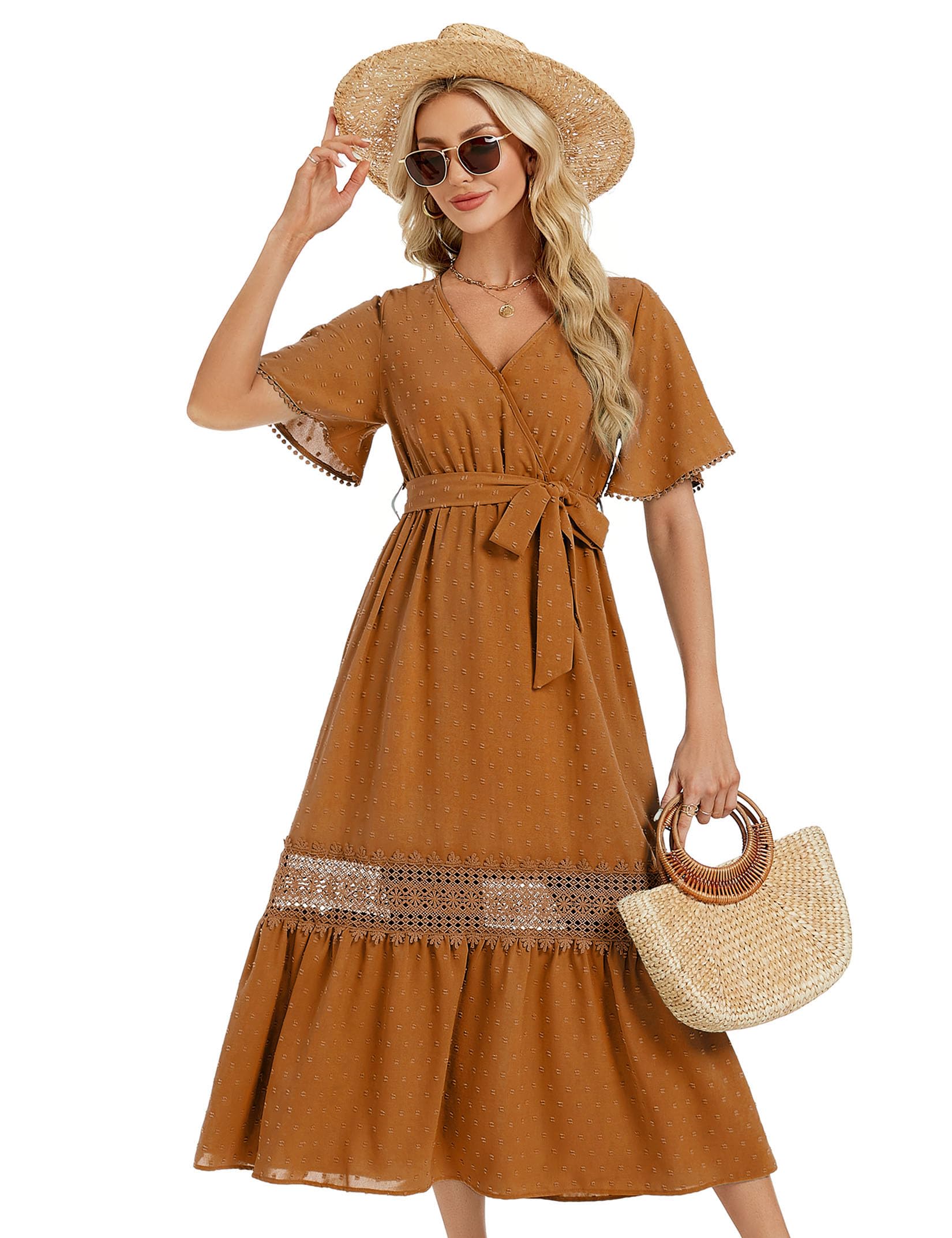 KOJOOIN Vestido de verano para mujer, vestido largo de manga corta, informal, cuello en V, bohemio, largo con cinturón (embalaje MULTIVÍA)