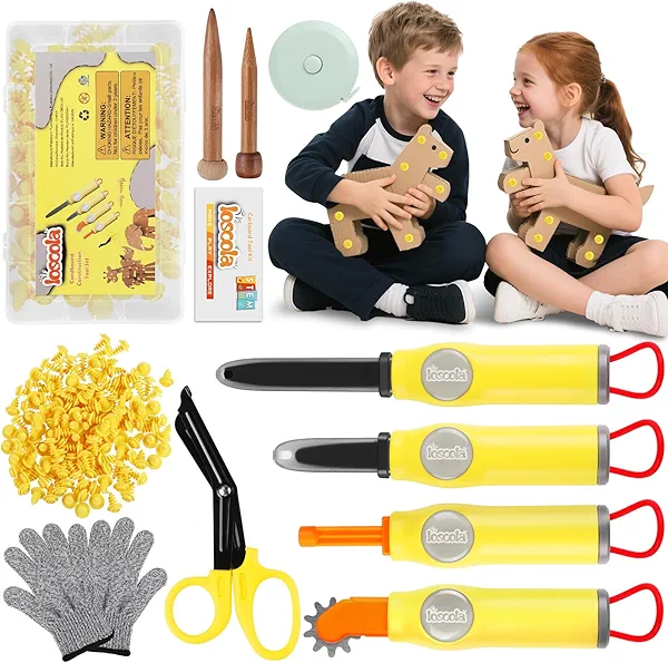 Loscola Cardboard Cutter Tools for Kids - 153 Pcs Kid Safe Cardboard Cutter with Saws, Fold-Roller, Gloves & More, STEM Educational Construction Toys Gift for 5 6 7 8 Year Old Boys Girls