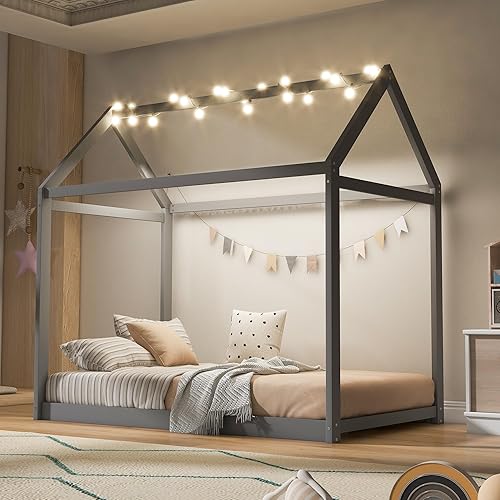 Merax Cama de casa de madera, cama de piso con listones de madera, no necesita somier, tamaño individual, gris