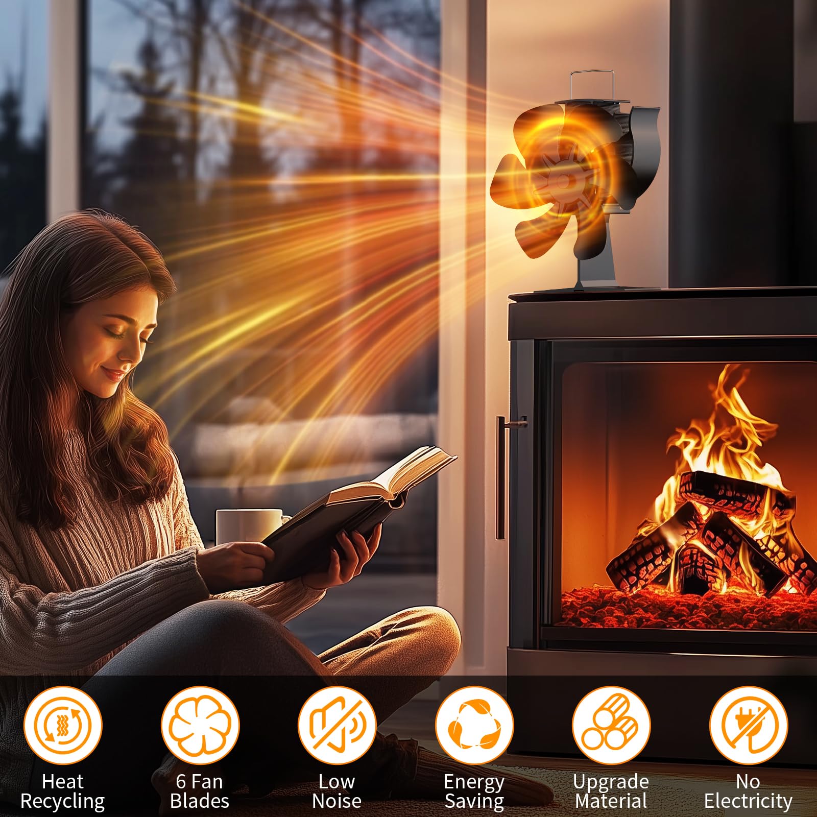 Ventilatore Per Stufa a Legna, Ventilatore per camino con 6 pale, Ventola da Caminod Silenzioso Alimentato Calore, Ventilatore Camino Stufa per Legna e Camino Pellet