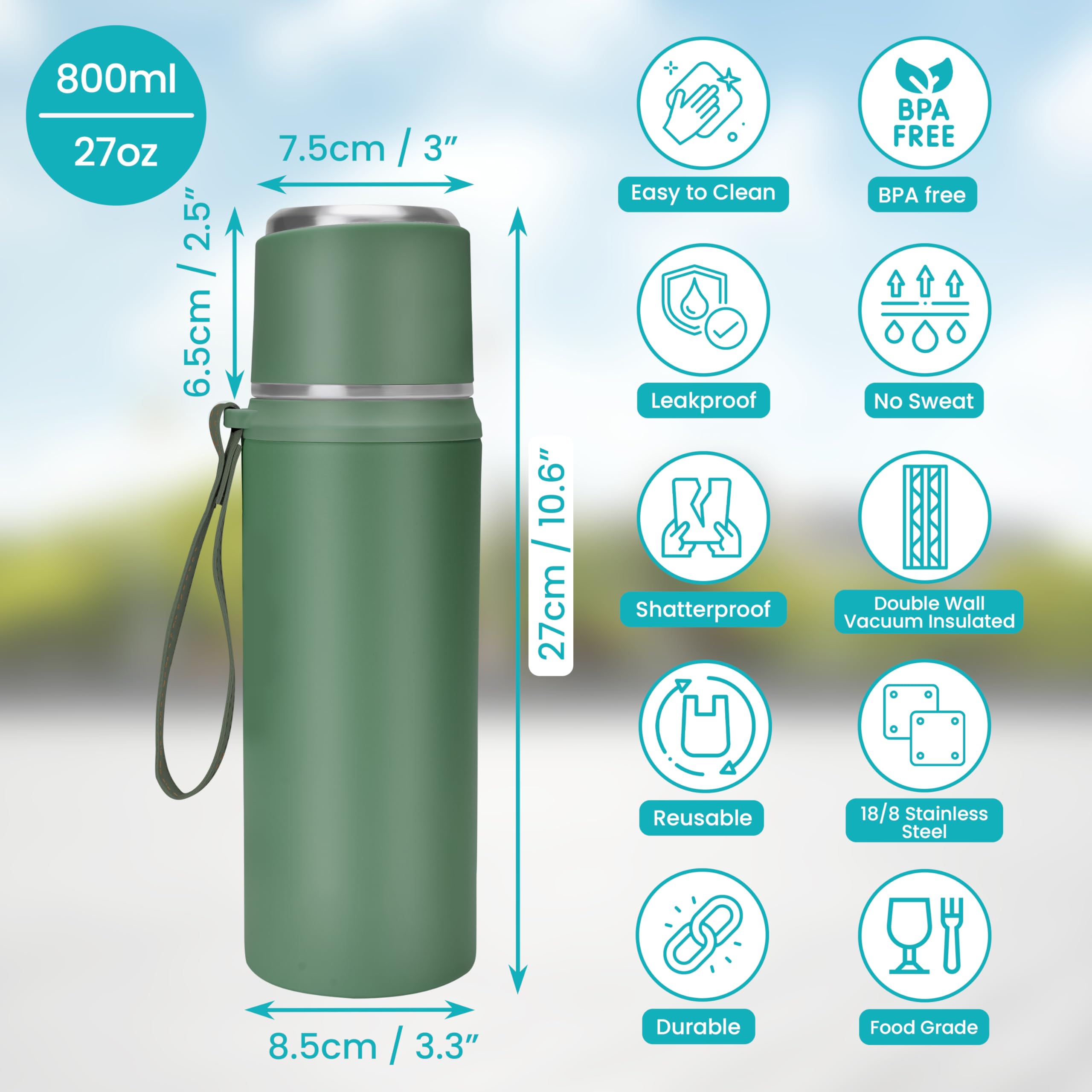 Termo Belle Vous Verde 800 Ml - Acero Inoxidable, Ideal Para Mate, Café Y Bebidas Frías/Calientes