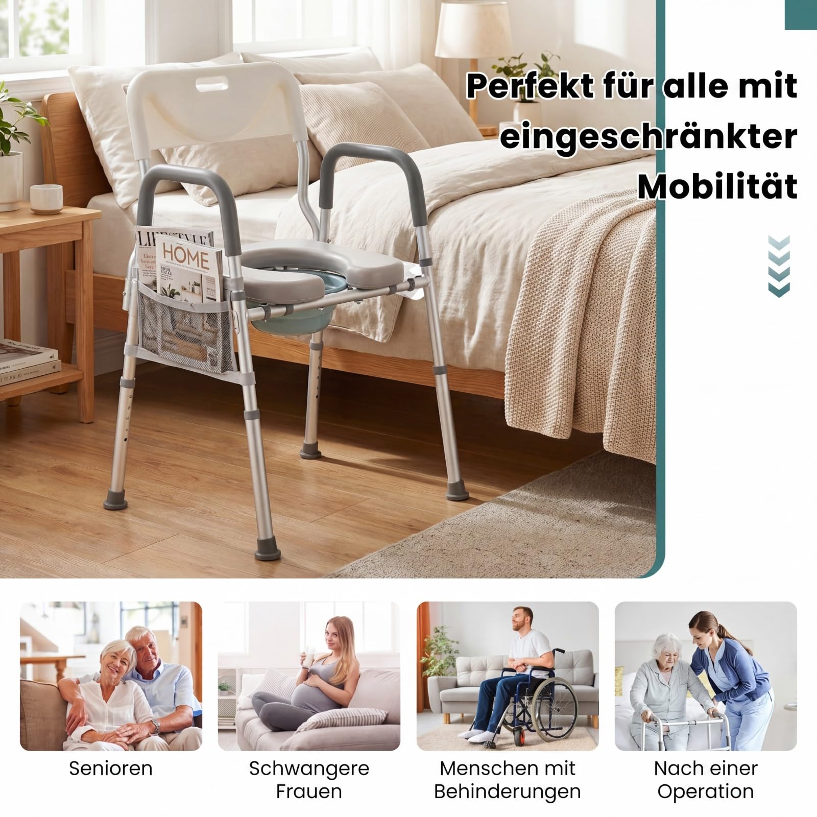 COSTWAY Krzesło toaletowe 3 w 1 dla seniorów, 5-stopniowa regulacja wysokości, krzesło nocne ze zdejmowanym wiadrem, wyściełane siedzisko, podłokietniki i oparcie, podwyższona deska sedesowa, krzesło