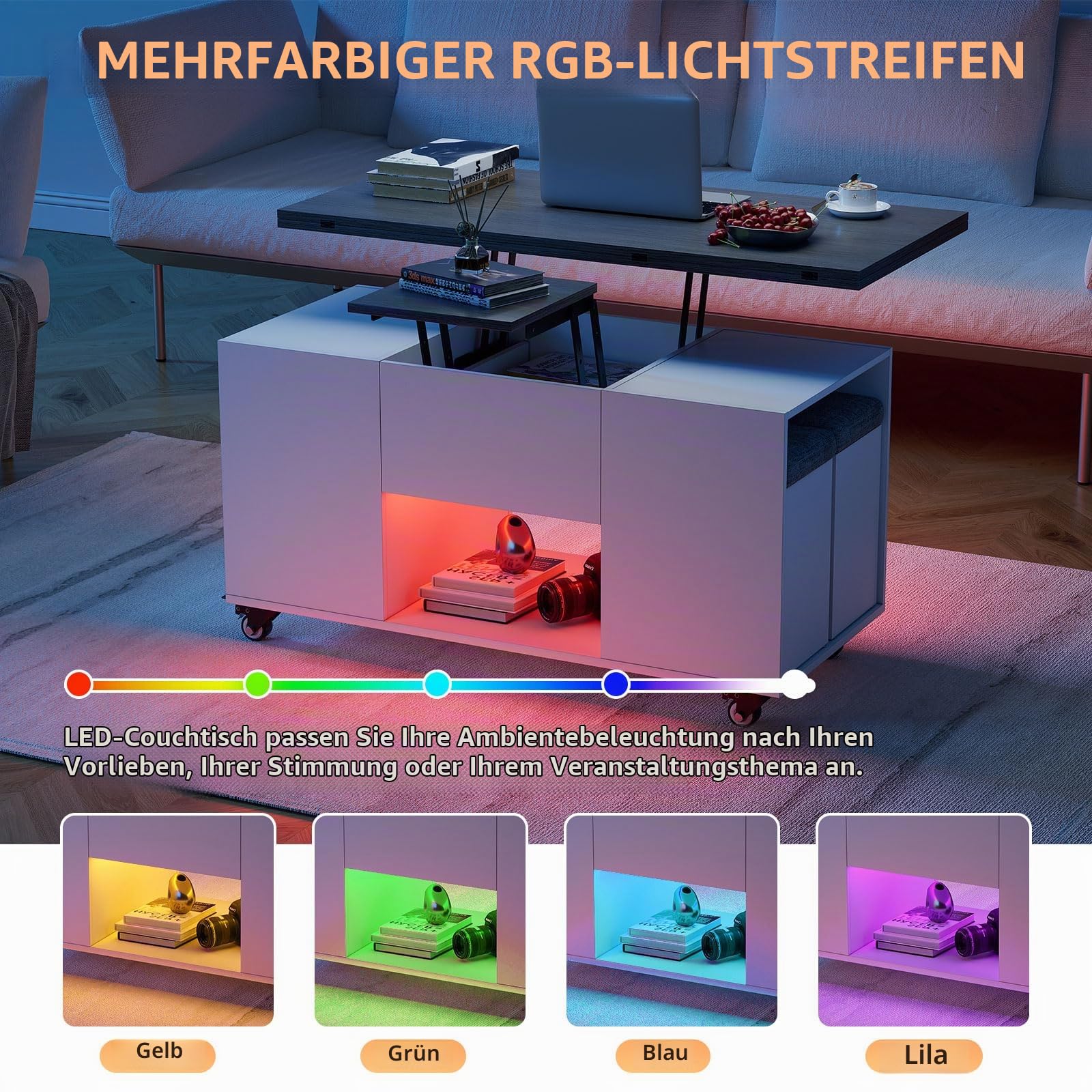 Couchtisch Umwandelbar in Wohnzimmer-Esstisch 4 in 1 Multifunktions-Wohnzimmertisch mit Stauraum & 4 Hockern Couchtisch Höhenverstellbar mit LED-Beleuchtung & Geräuscharmes Universalrad, Grau+Weiß