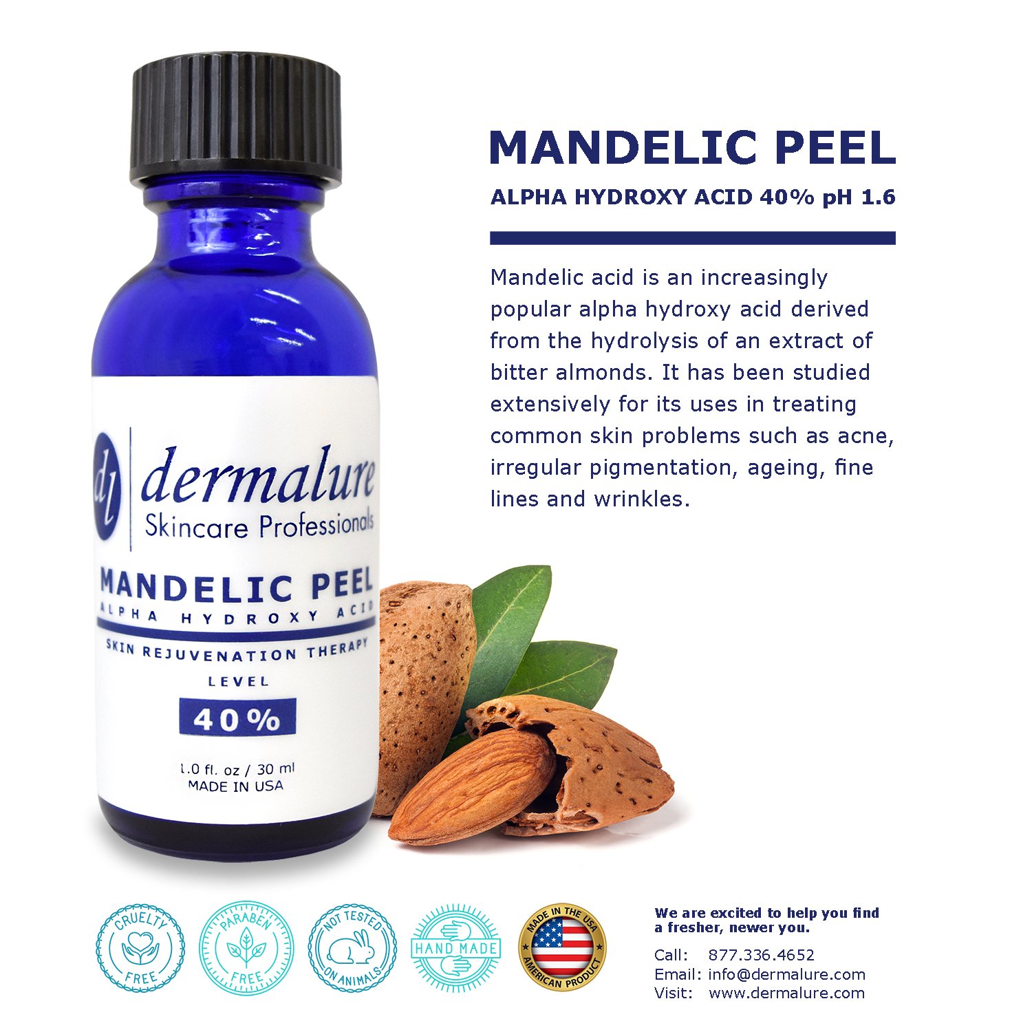 Dermalure Mandelic Acid 40% AHA Alpha Hydroxy Peel Medical Strength Used For Rosacea, Cystic Acne, Blackheads, Pores, Whiteheads, Hyperpigmentation, Melasma, Age Spots, Sun Spots (2.0 fl. oz / 60 ml)