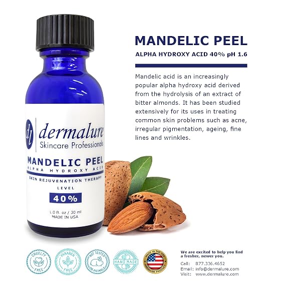 Mandelic Acid 40% AHA Alpha Hydroxy Peel Medical Strength Used For Rosacea, Cystic Acne, Blackheads, Pores, Whiteheads, Hyperpigmentation, Melasma, Age Spots, Sun Spots (1.0 fl. oz / 30 ml)