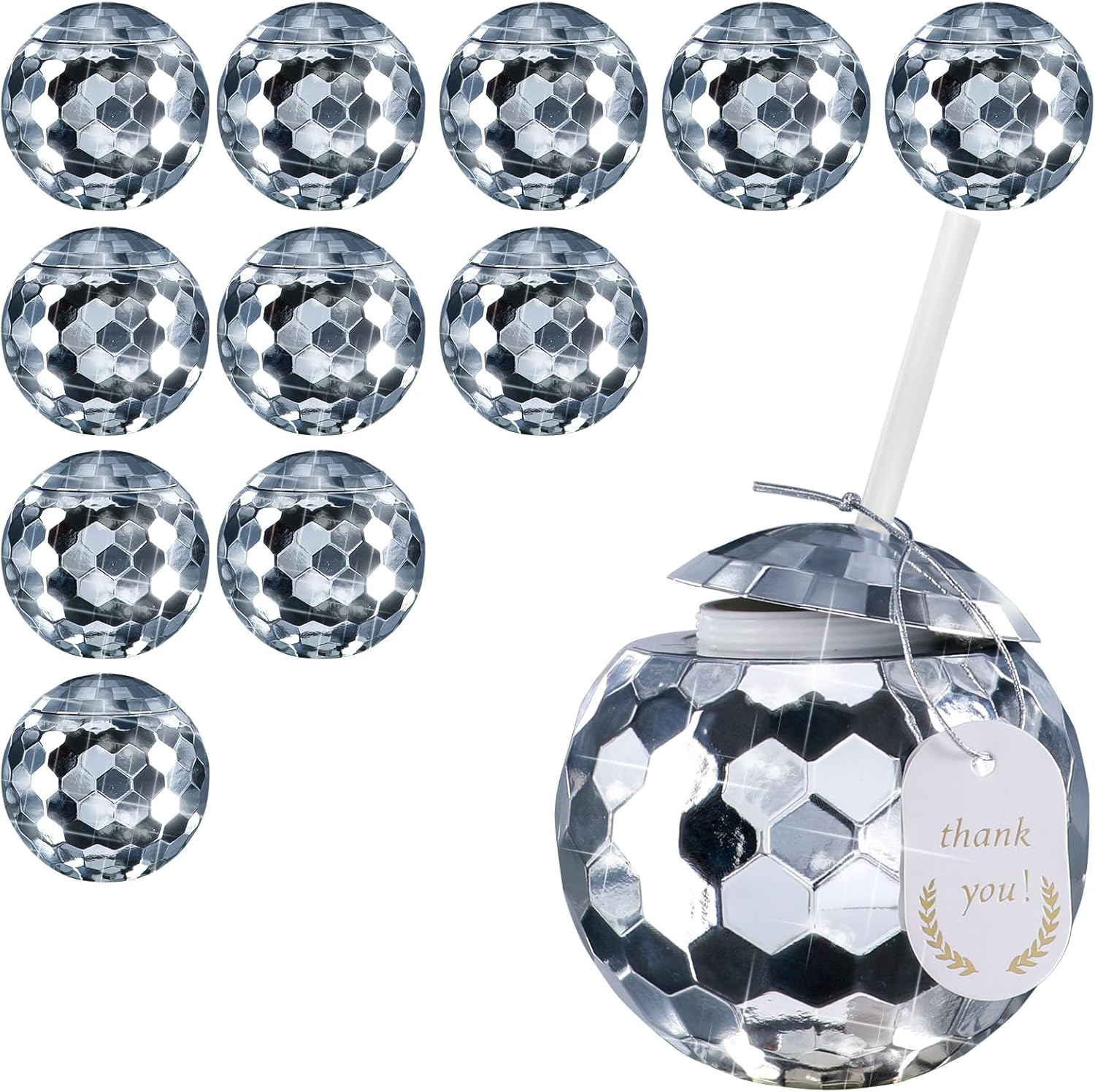 Disco Ball Cups with Lids & Straws – 12Pcs 20oz Reusable Tumblers with Tags – Retro Party Cups for Bachelorette, Birthday, Cocktail & Theme Events - Silver Silver(Set of 12)