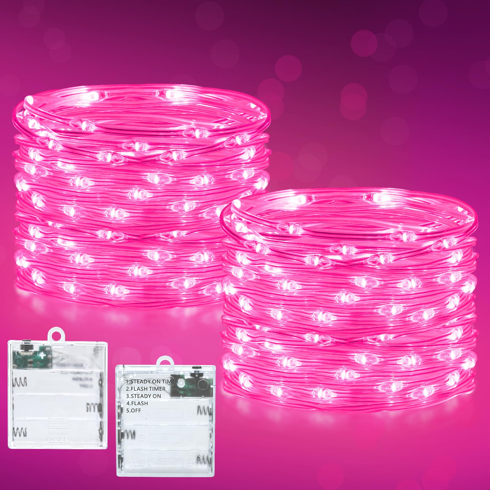 Dalugo Pink Fairy Lights with Timer, 2 Pack 3M 30 LED Battery Operated String Lights with 5 Modes for Girls Bedroom, Valentine Decorations