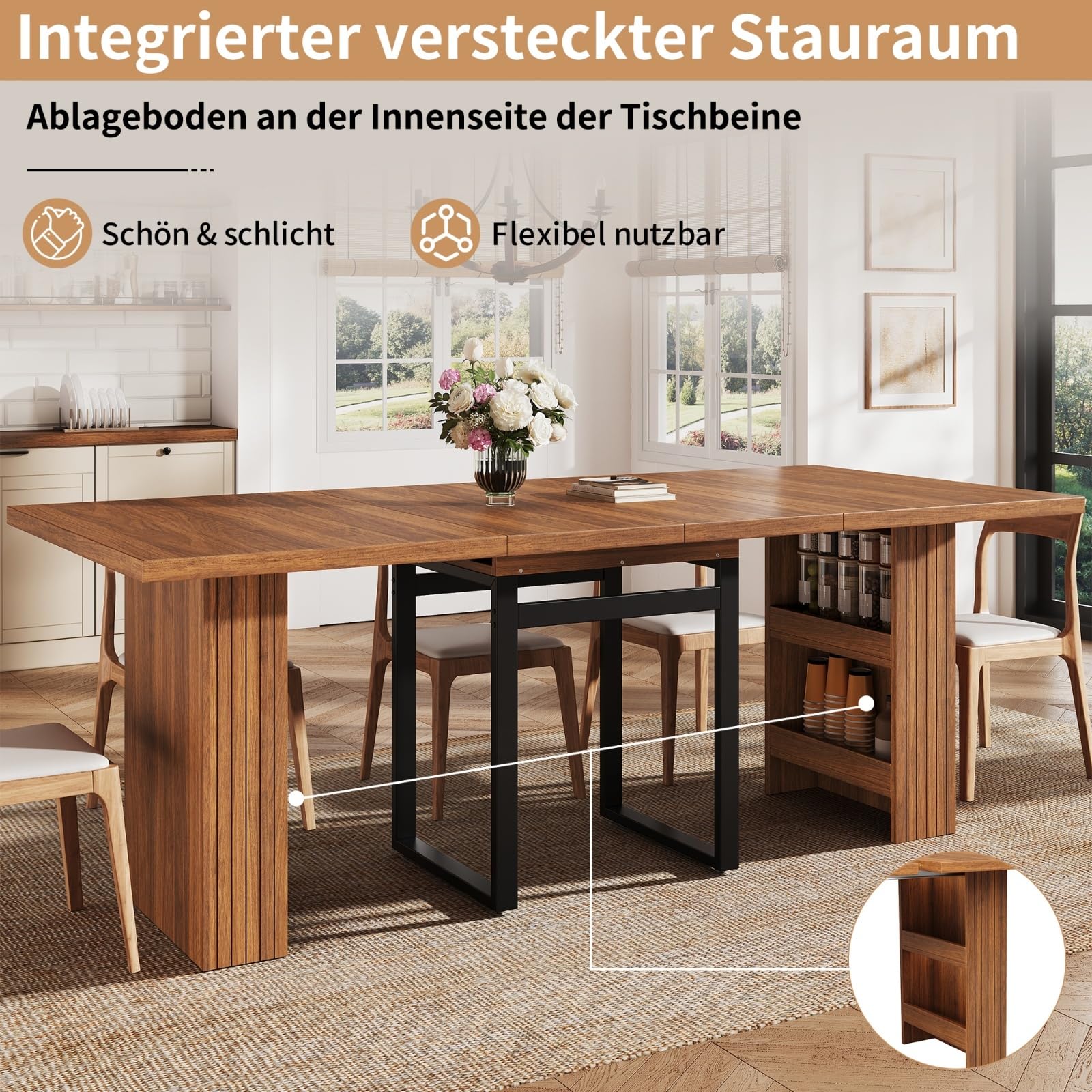 Table de Cuisine à Manger Extensible avec Compartiments Rangement Secret