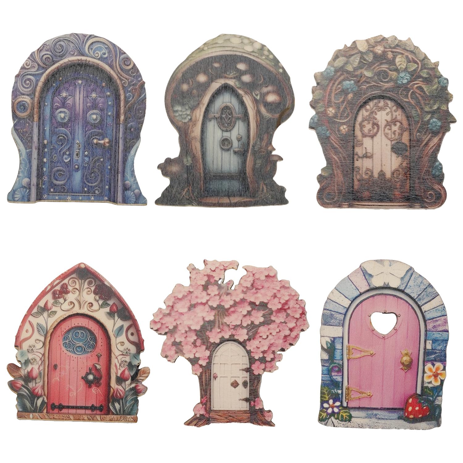 wellrun 6PCS Wooden Fairy Doors for Miniature Gardens,Adorable Decorative Tiny Doors,Whimsical Yard Art Trees Potted Decoration