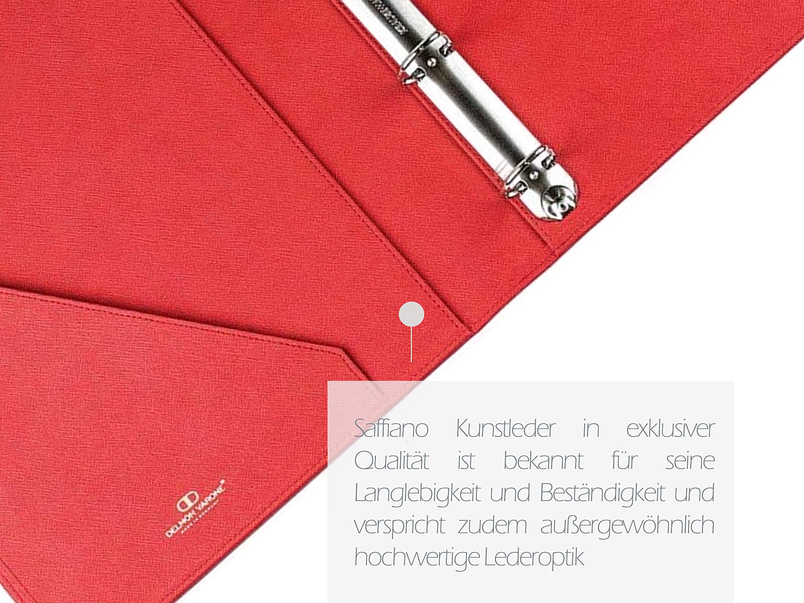 DELMON VARONE - Personalisierbare Dokumentenmappe DIN A4 aus Saffiano Lederimitat rot, Elegante Kunstleder Ringbuch Sammelmappe zum abheften von Dokumenten, Urkunden und Akten, Links mit Einsteckfach
