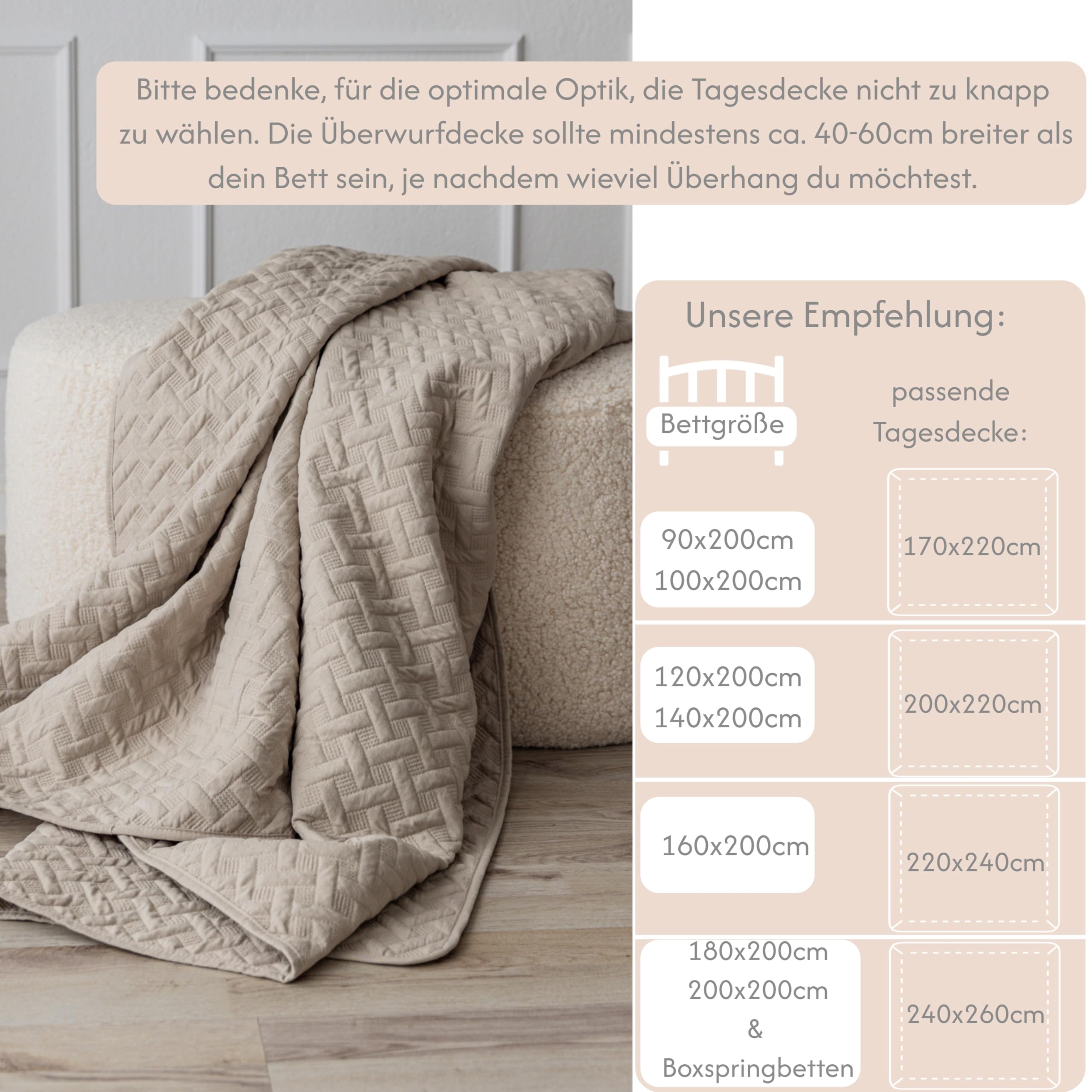 Tagesdecke 220x240 Leinenbeige Bettüberwurf Bett Überwurf Sofaüberwurf Steppdecke Sofa Decke Überwurfdecke Betthusse XXL Überdecke Gesteppte Tagesdecken gesteppt Quilt Bedspread