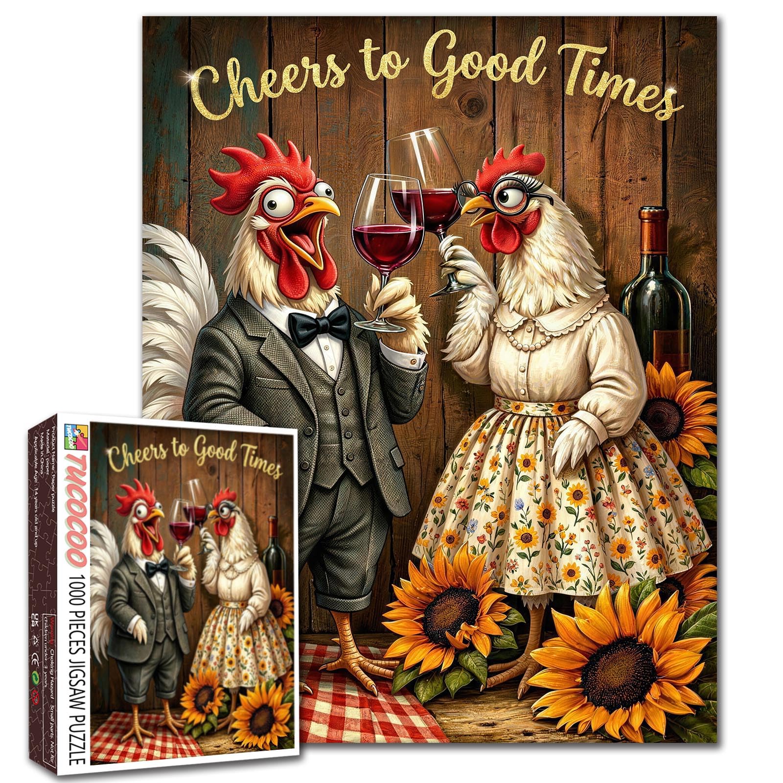 Funny Chicken Wine Puzzle 1000 Piece for Adults Farmhouse Couple Drinking Wine Rustic Sunflower Scene Jigsaw Puzzle 19.7 x 27.6 Inches Challenging Puzzles Gift for Family Friends Home Wall Decor — image 1