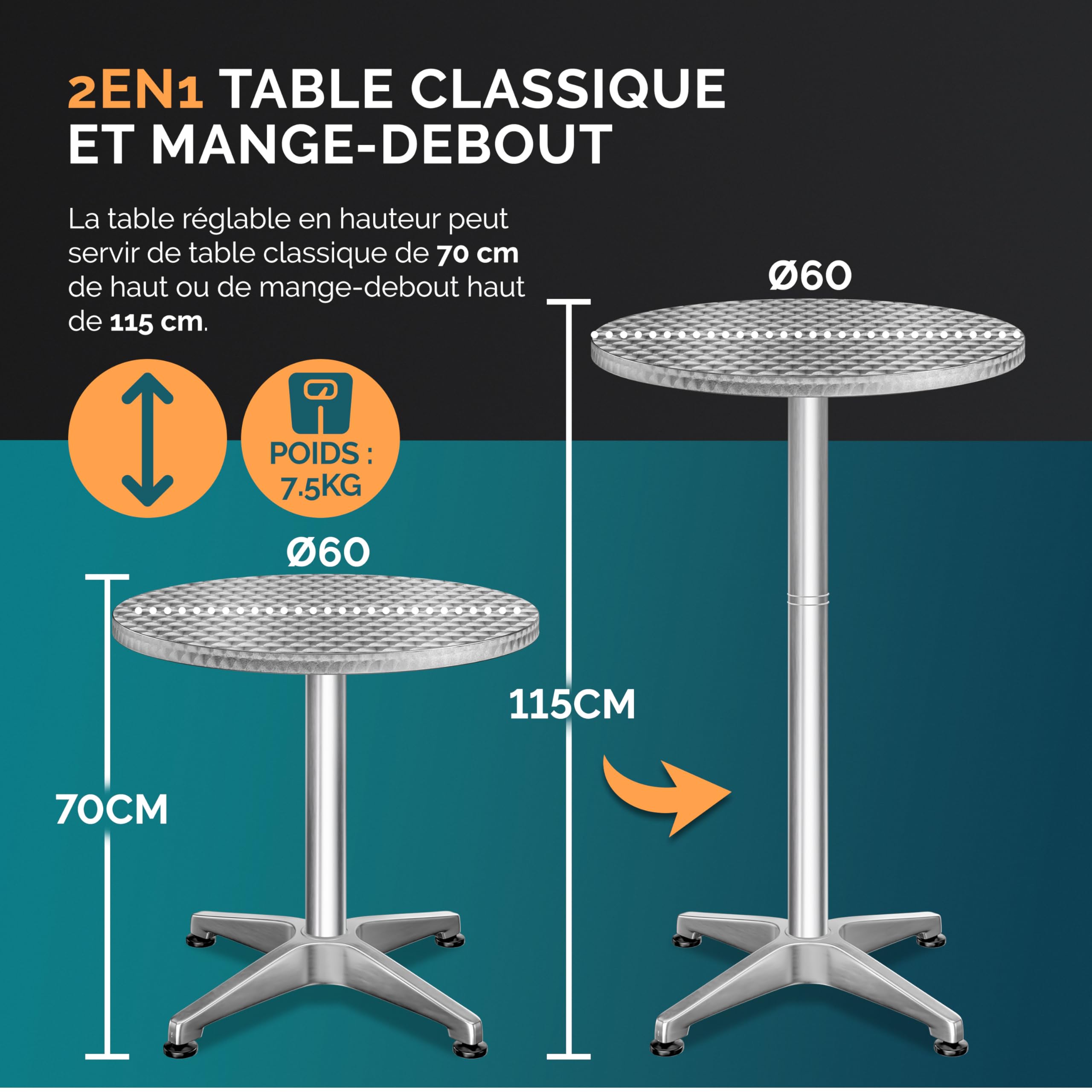 Casaria® Table Basse Pliante Intérieur Extérieur - Set de 2 Tables à Manger Rondes - Hauteur Ajustable 70-115 cm - Plateau Pliable - Ilot Cuisine, Meuble Bar, Mange Debout, Table de Jardin