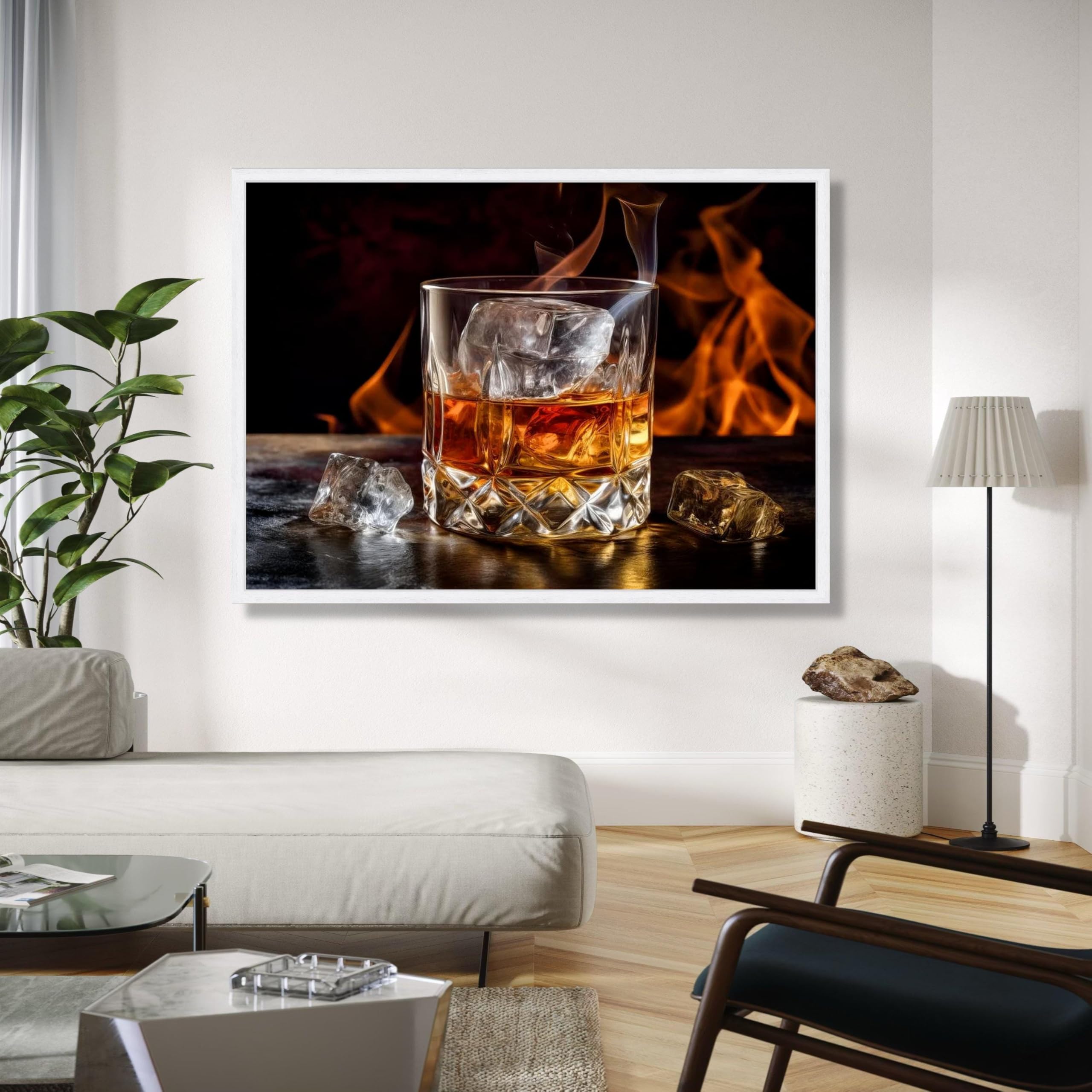 YUSUZHU Lienzo de vaso de whisky con cubitos de hielo, fondo, arte de pared rústico para bar, decoración de bebidas alcohólicas, pósteres de bar, pintura impresa (50 x 75 cm/marco interior)
