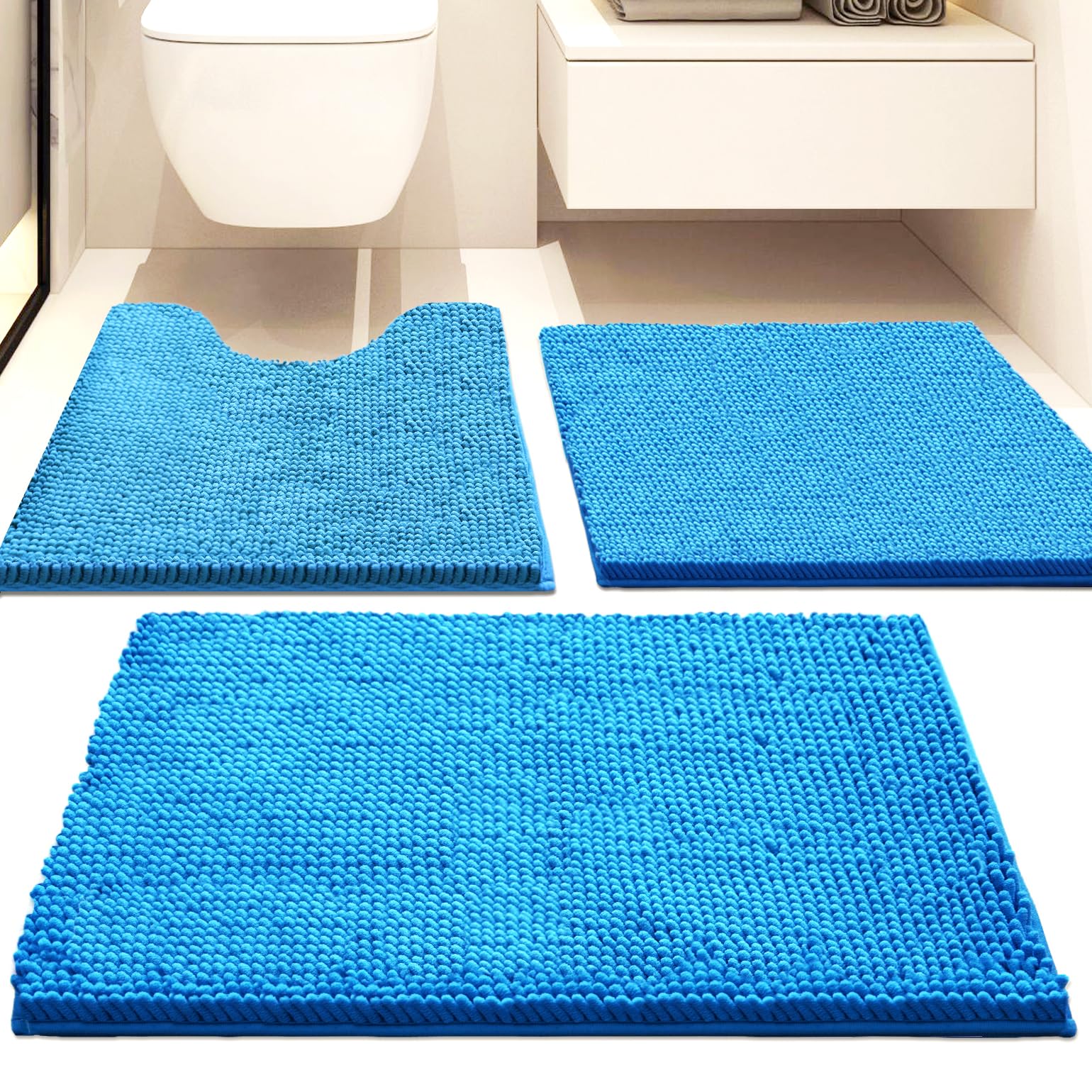 Lot de 3 tapis de salle de bain en chenille, très épais et absorbants, antidérapants, lavables en machine, séchage rapide, doux et confortable, utilisés sous la douche, baignoire et évier,