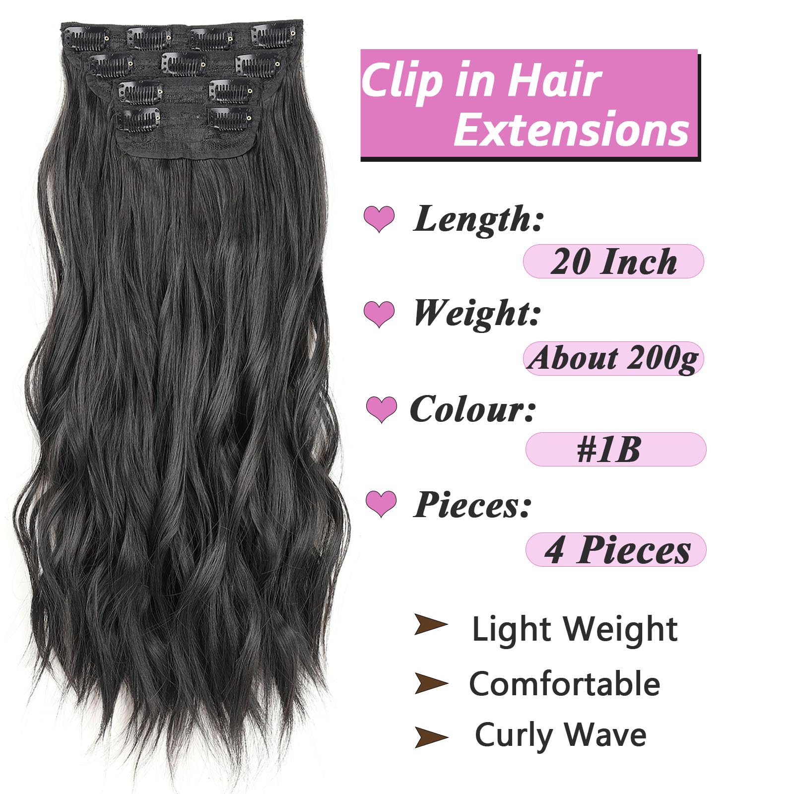 Samtress Natural Black Hair Extensions Clip in 20 Inch Long Wavy Synthetic Hair Extension Clip in 4 pcs Hair Extensions Fiber Hairpieces for Daily Wear (#1B) - Image 2