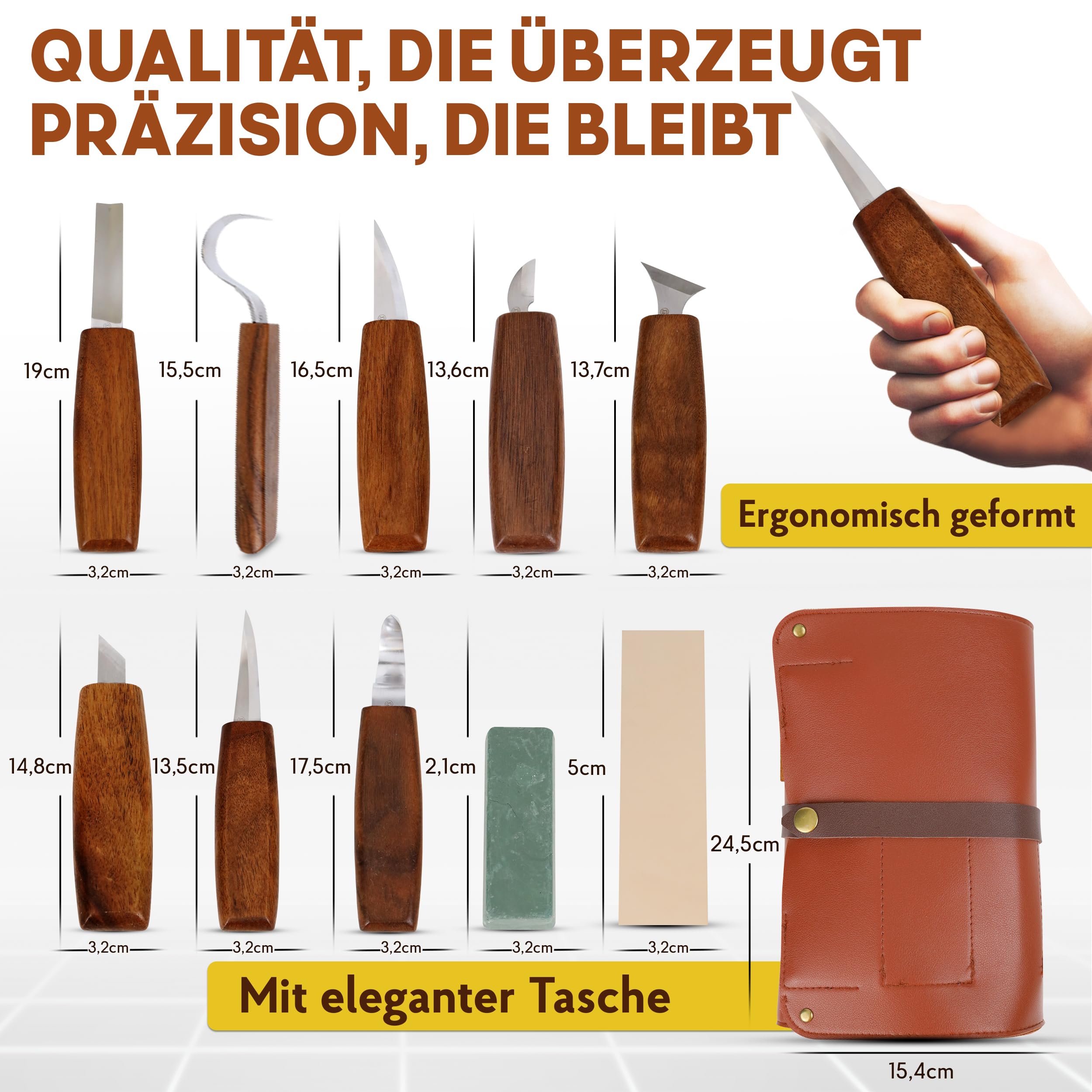 Eli® Hochwertiges Profi Schnitzwerkzeug Set inkl Tasche und Abziehleder - Walnussholzgriffe - rostfreier Stahl - Schnitzmesser - Schnitzset - Werkzeug - Perfekt für Erwachsene - Holzwerkzeug