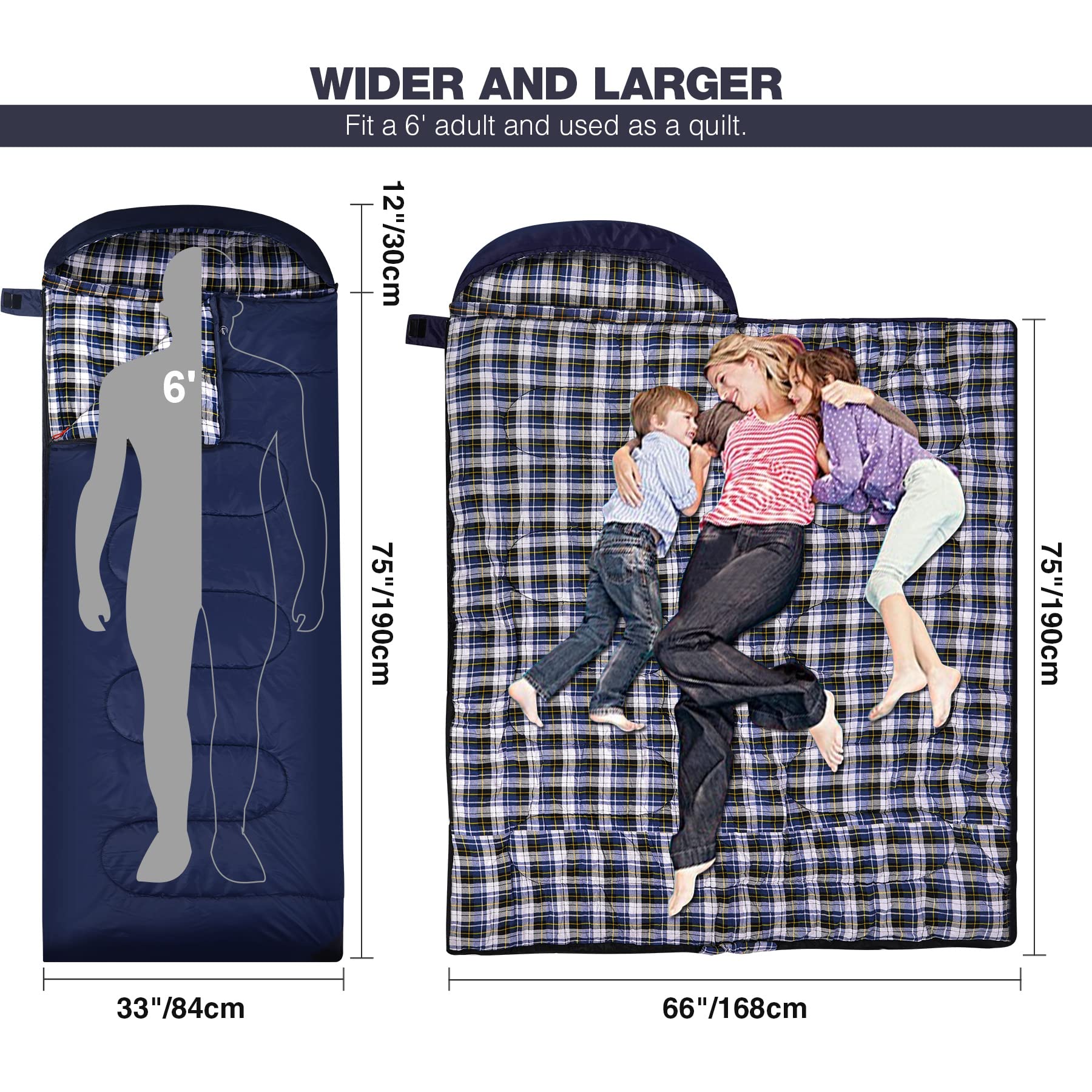 REDCAMP Flannel Sleeping Bag for Adults, Large Cotton Sleeping Bags for Camping with Detachable Hood, Blue Plaid with 3lbs Filling
