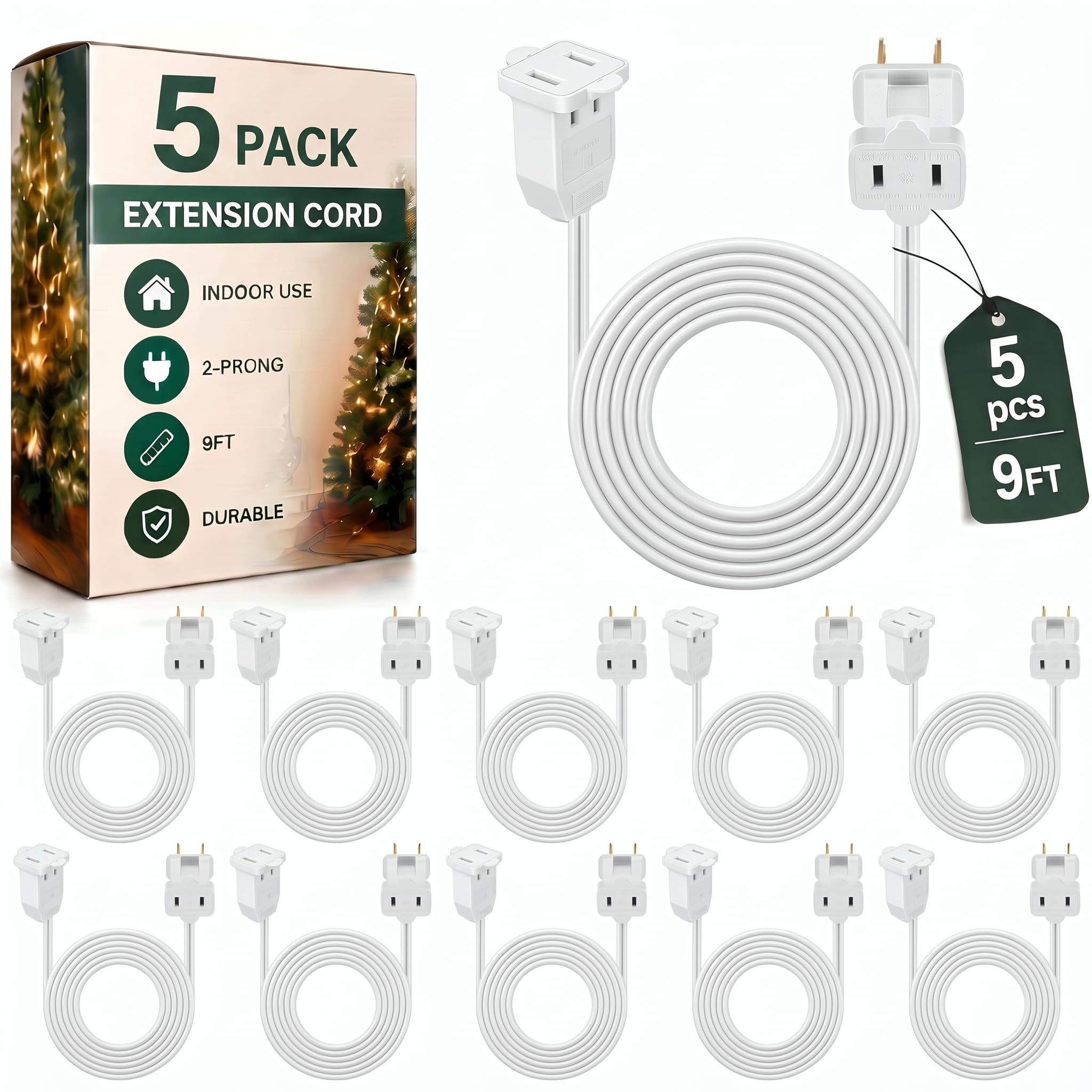 Kanayu 5 Pack Wite 9 ft Indoor Extension Cord 2 Prong Electric Cord Extender, Wire Plug in and End, Ac 120 Volts, for Outdoor Christmas Connect or Extend