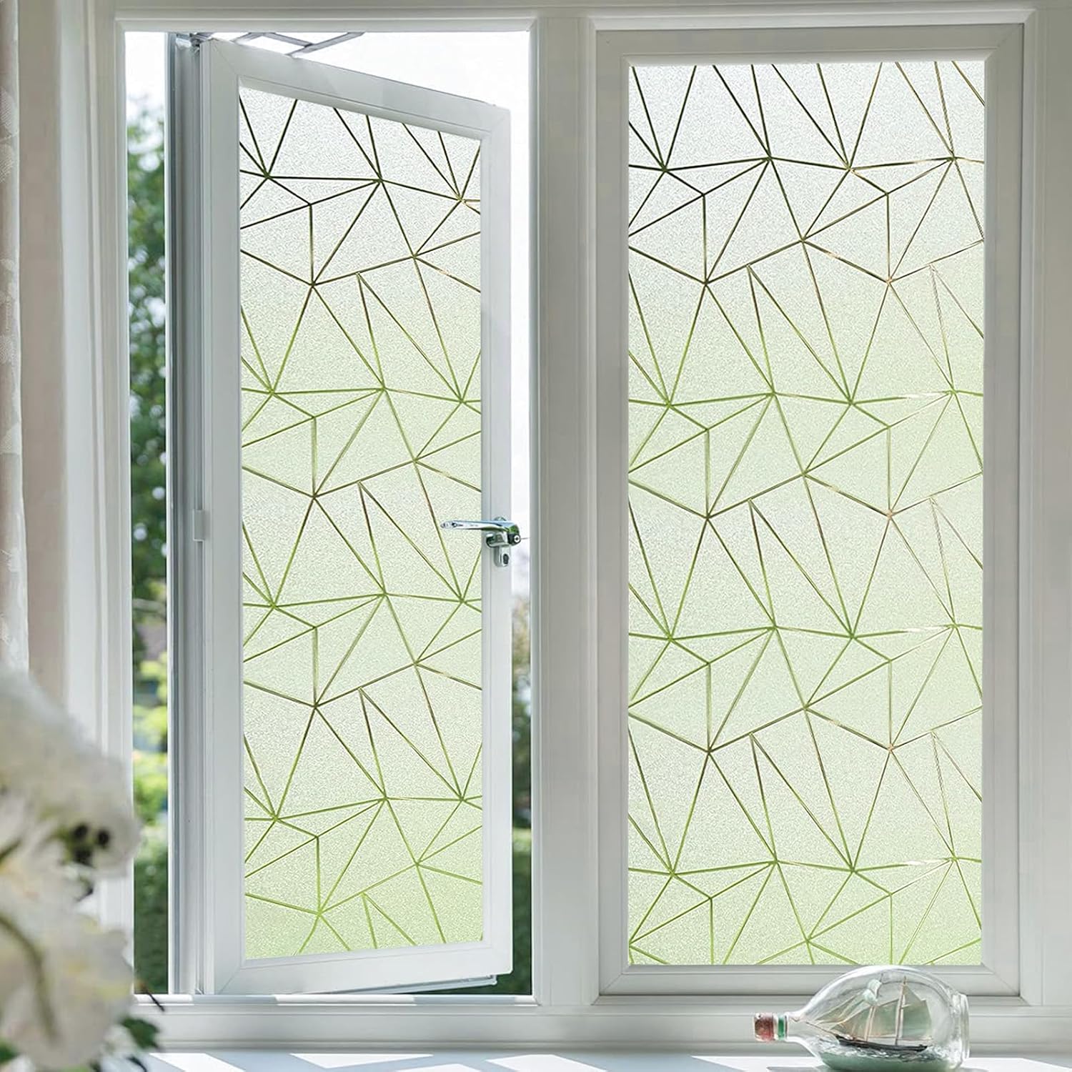 Windimiley Window Privacy Film Frosted Glass Window Sticker: Bathroom Geometry Frosting Decorative Static Cling UV Sun Blocking Heat Control Home Tint Removable Door Cover(23.6x393.7In,Pure)