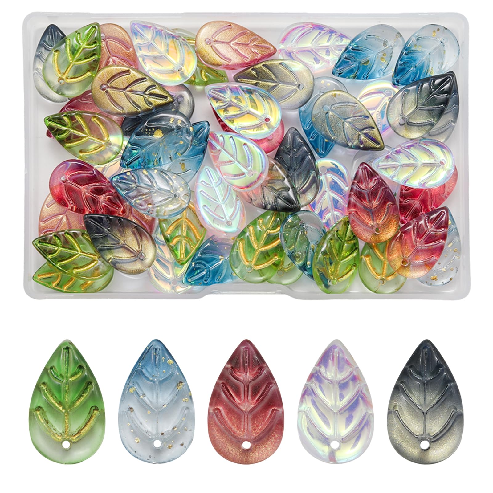 50 cuentas de hoja de cristal transparente, cuentas de hojas de cristal para hacer joyas, dijes de hojas para manualidades, aretes, pulseras (5 colores)