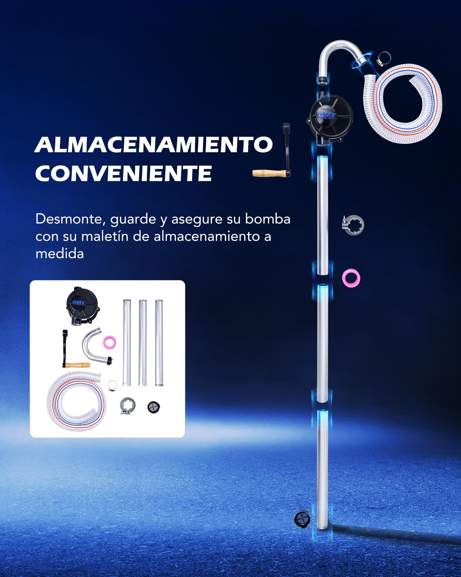 OMT Bomba Manual De Combustible Para Bidón 60L-200L, Aluminio Con Manguera | Tubo Telescópico Regulable, Trasvase De Diésel Y Queroseno, Uso En Taller Y Agricultura, Maletín De Transporte