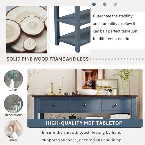 Miniatura 16 de Mesa consola rústica, mesa de sofá de 50 pulgadas de largo con 3 cajones y estante de almacenamiento abierto de 2 niveles, para sala de estar,