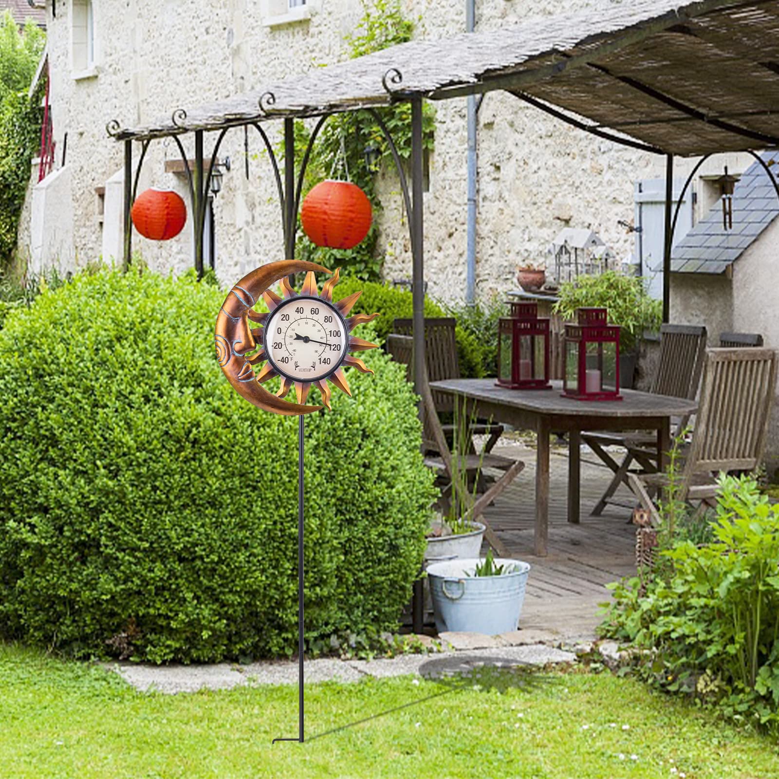 MUMTOP Termometri da esterno per patio - Termometro da parete, termometro per interni ed esterni con paletto da giardino per decorazioni per la casa e il giardino (sole e luna)