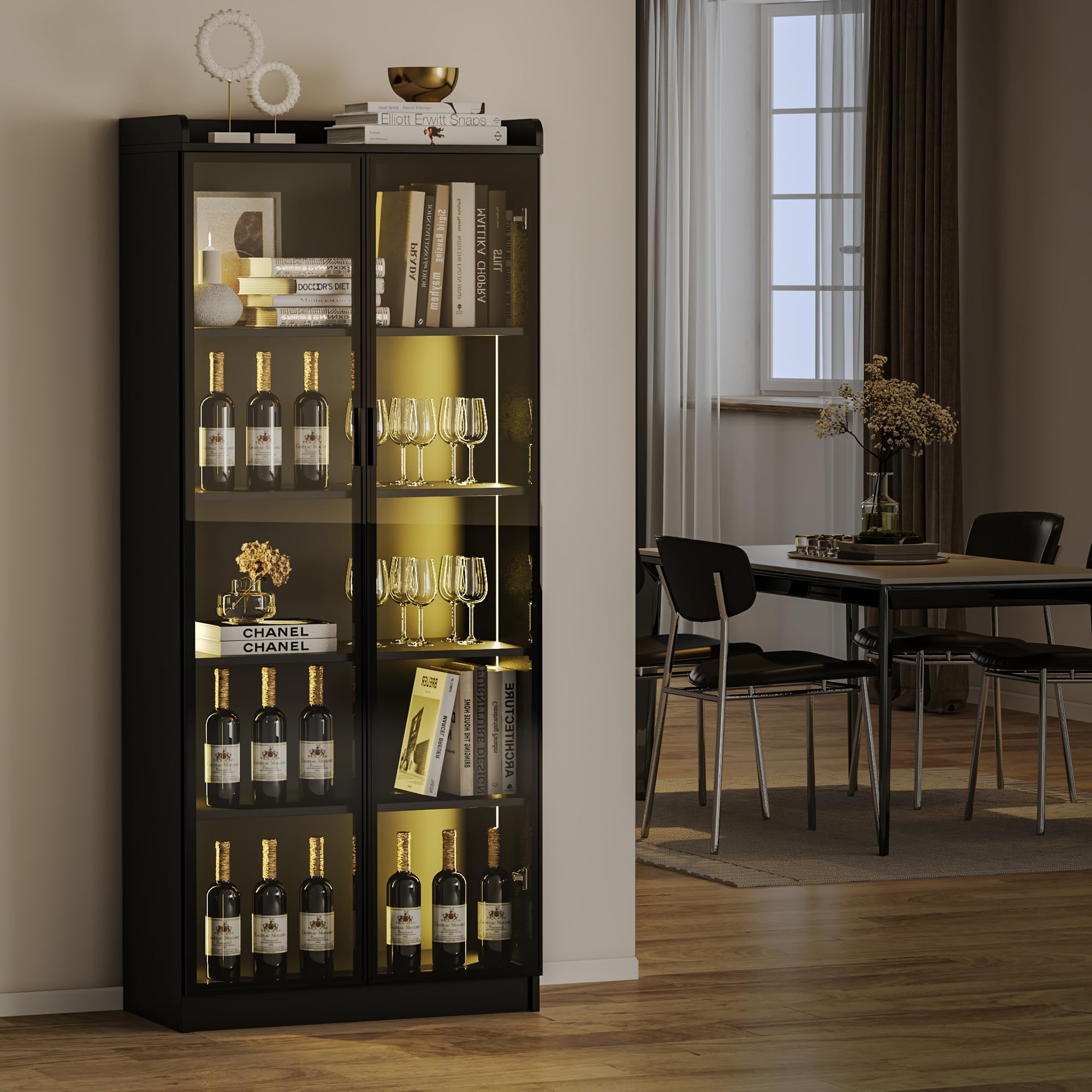 Gurexl Vitrine mit LED Beleuchtung und Intelligente Sensorik für Kuriositäten,Vitrinenschrank mit 5 Höhenverstellbaren Böden und Acryltür für Wohnzimmer,Persönliches Büro,Studie,Schätze,Schwarz