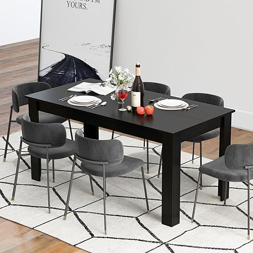 Miniatura 2 de Mesa de comedor negra para 6 personas con patas en forma de L, mesas rectangulares de cocina y comedor de madera de 63 pulgadas, mesa de comedor